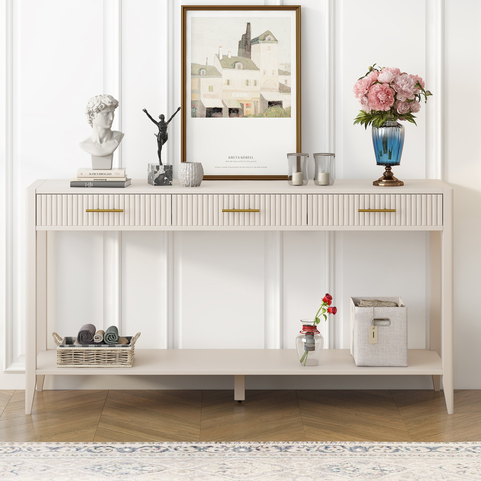 High Quality Entryway Console Table With Vertical Stripe Drawers, Long Legs,Suitable For Entryway, Hallway, Living Room, Foyer, Corridor White Primary Living Space American Design Mdf