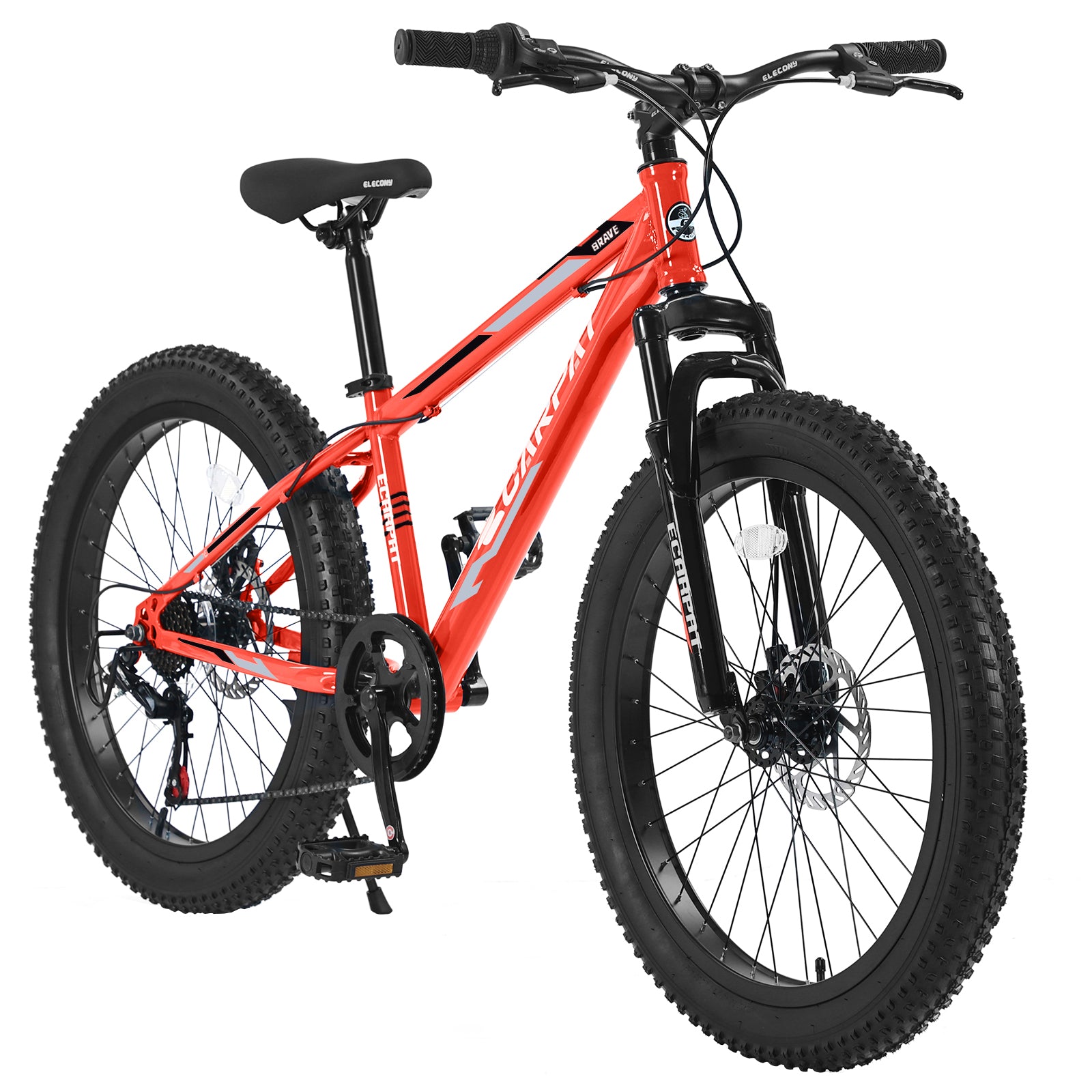 S24109 Elecony 24 Inch Fat Tire Bike Adult Youth Full Shimano 7 Speeds Mountain Bike, Dual Disc Brake, High Carbon Steel Frame, Front Suspension, Mountain Trail Bike, Urban Commuter City Bicycle