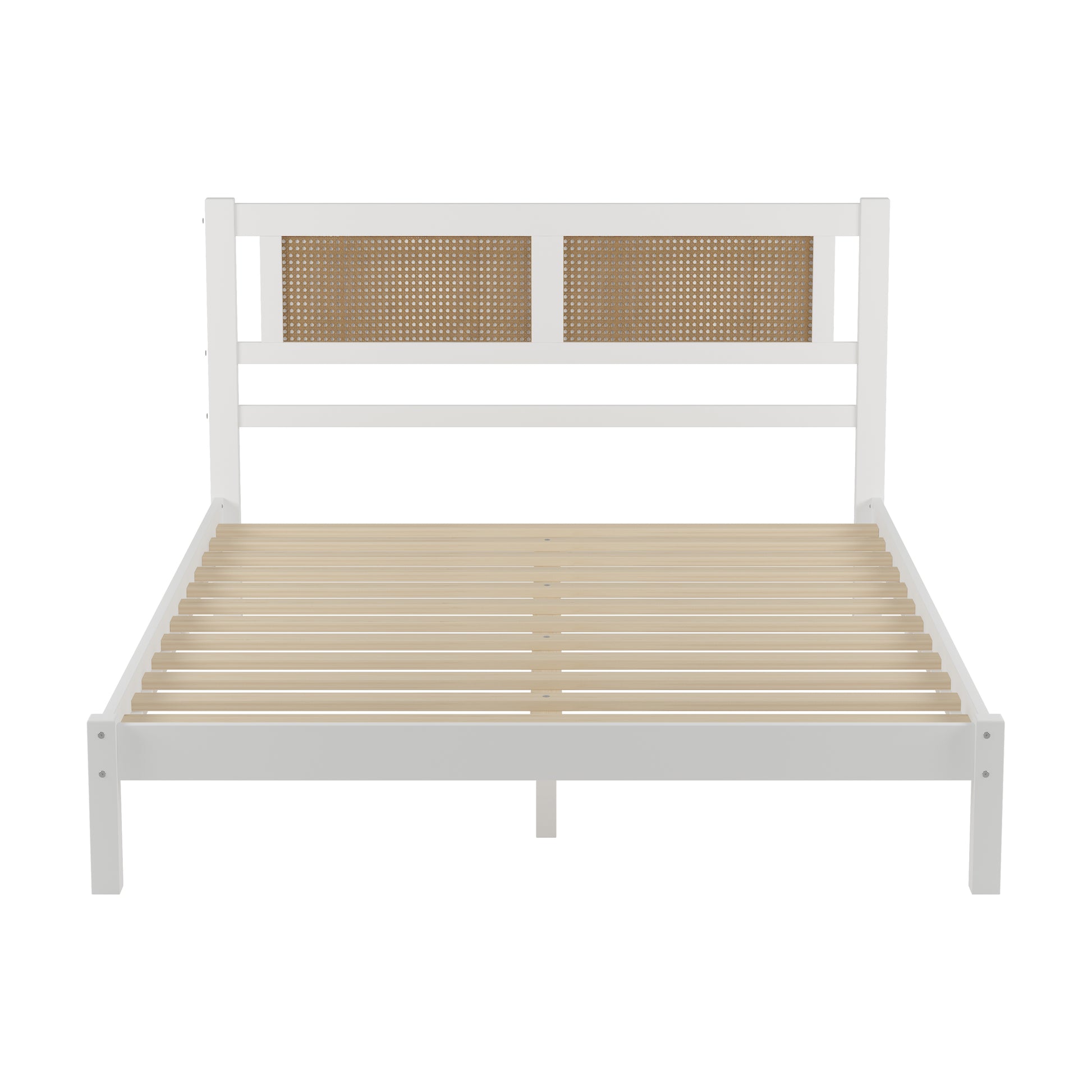 3 Pieces Bedroom Sets Queen Size Wooden Platform Bed With Natural Rattan Headboard, Nightstands Set Of 2 With Rattan Woven Surfaces And Three Drawers For Bedroom, White White Particle Board