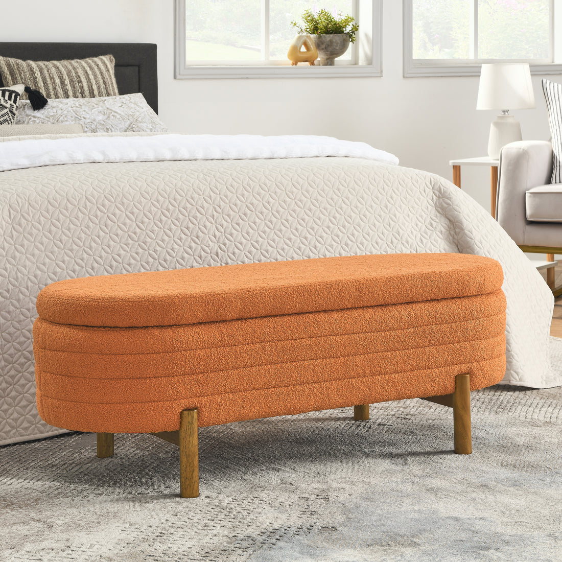 Ottoman Oval Storage Bench,Rubber Wood Leg,Orange 46."X17.7"X10.8" Orange Foam