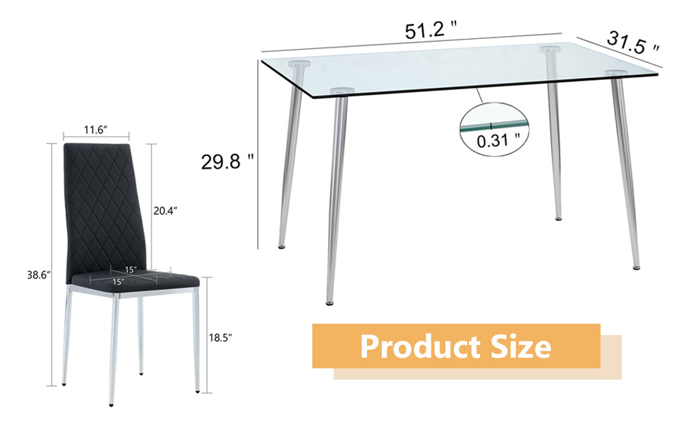 Table And Chair Set.Rectangular Dining Table With Tempered Glass Tabletop And Silver Plating Metal Legs.Paired With 4 Checkered Armless High Back Black Chairs With Electroplated Metal Legs. Black Seats 4 Glass Metal