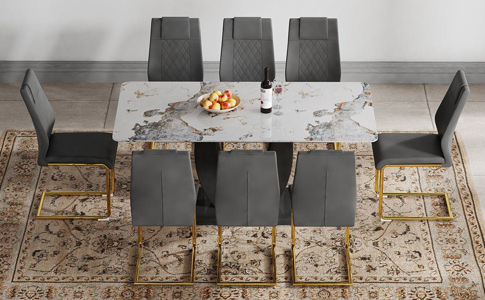 Table And Chair Set, Modern Dining Table, Patterned Table Top And Black Mdf Leg Table, Soft And Comfortable Dining Chair, Perfect For Dinner, Meetings, Home And Office Decor Black Grey Mdf Glass