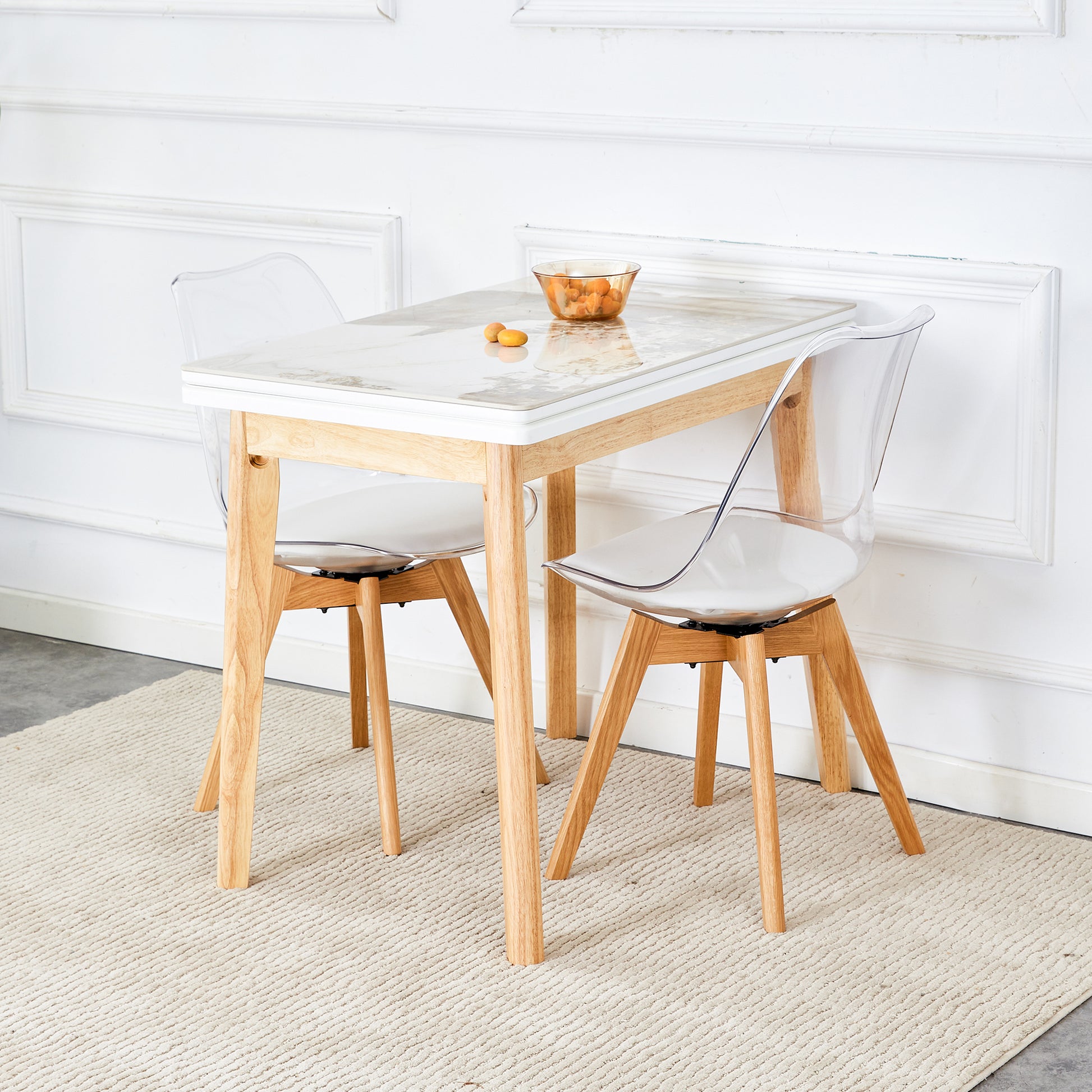 White Stone Burning Tabletop With Rubber Wooden Legs, Foldable Computer Desk, Foldable Office Desk,4 Modern Chairs Can Rotate 360 Degrees,The Seat Cushion Is Made Of Pu Material. Zd 1545Sc 003 White Sintered Stone