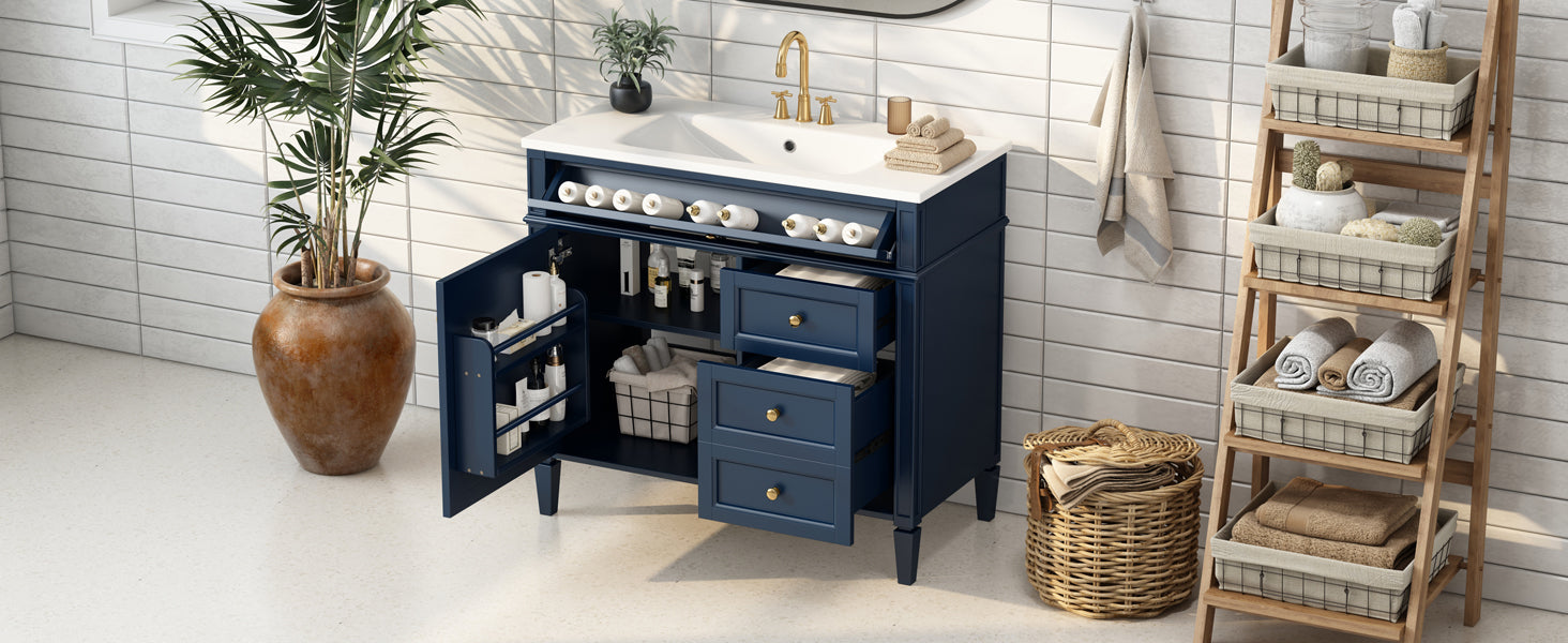 36'' Bathroom Vanity With Top Sink, Modern Bathroom Storage Cabinet With 2 Drawers And A Tip Out Drawer, Single Sink Bathroom Vanity Blue Bathroom Solid Wood Mdf Resin