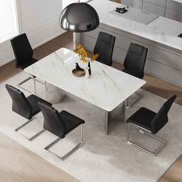 Table And Chair Set, Modern And Minimalist Dining Table. Imitation Marble Glass Sticker Desktop, Stainless Steel Legs, Stable And Beautiful. Comfortable Pu Seats. Dt 69 Silver Glass