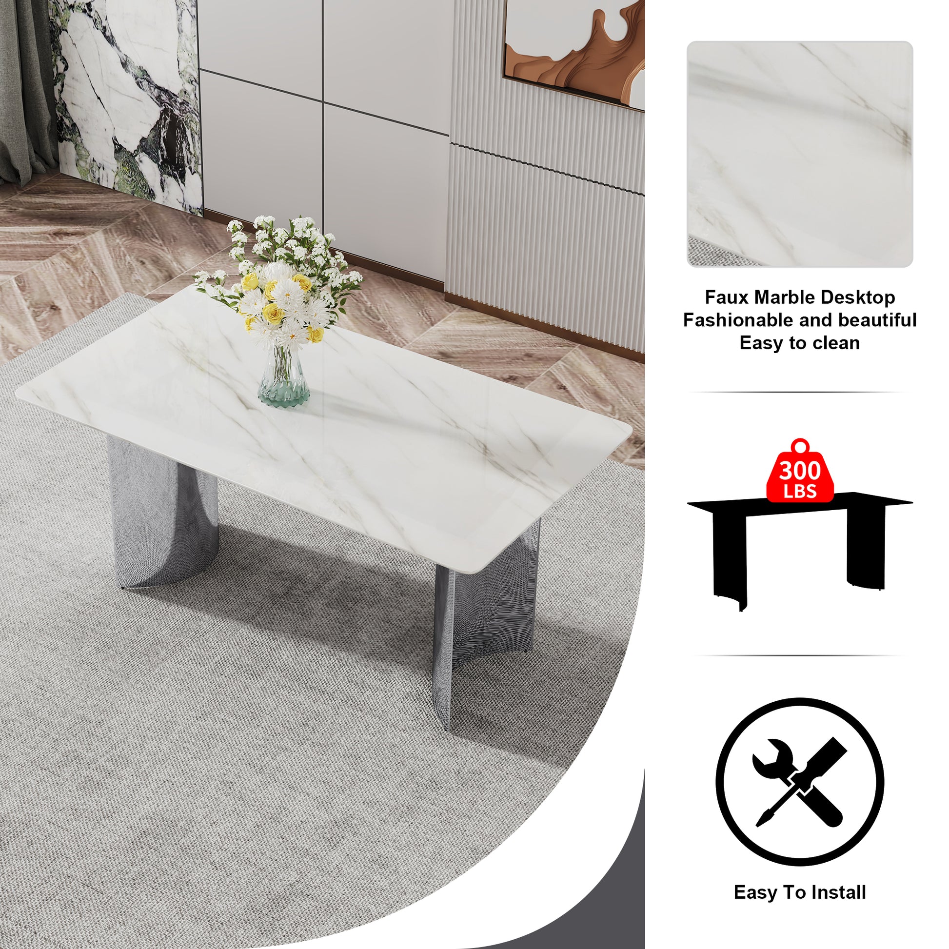 Table And Chair Set, Modern And Minimalist Dining Table. Imitation Marble Glass Sticker Desktop, Stainless Steel Legs, Stable And Beautiful. Comfortable Pu Seats. Dt 69 Silver Glass