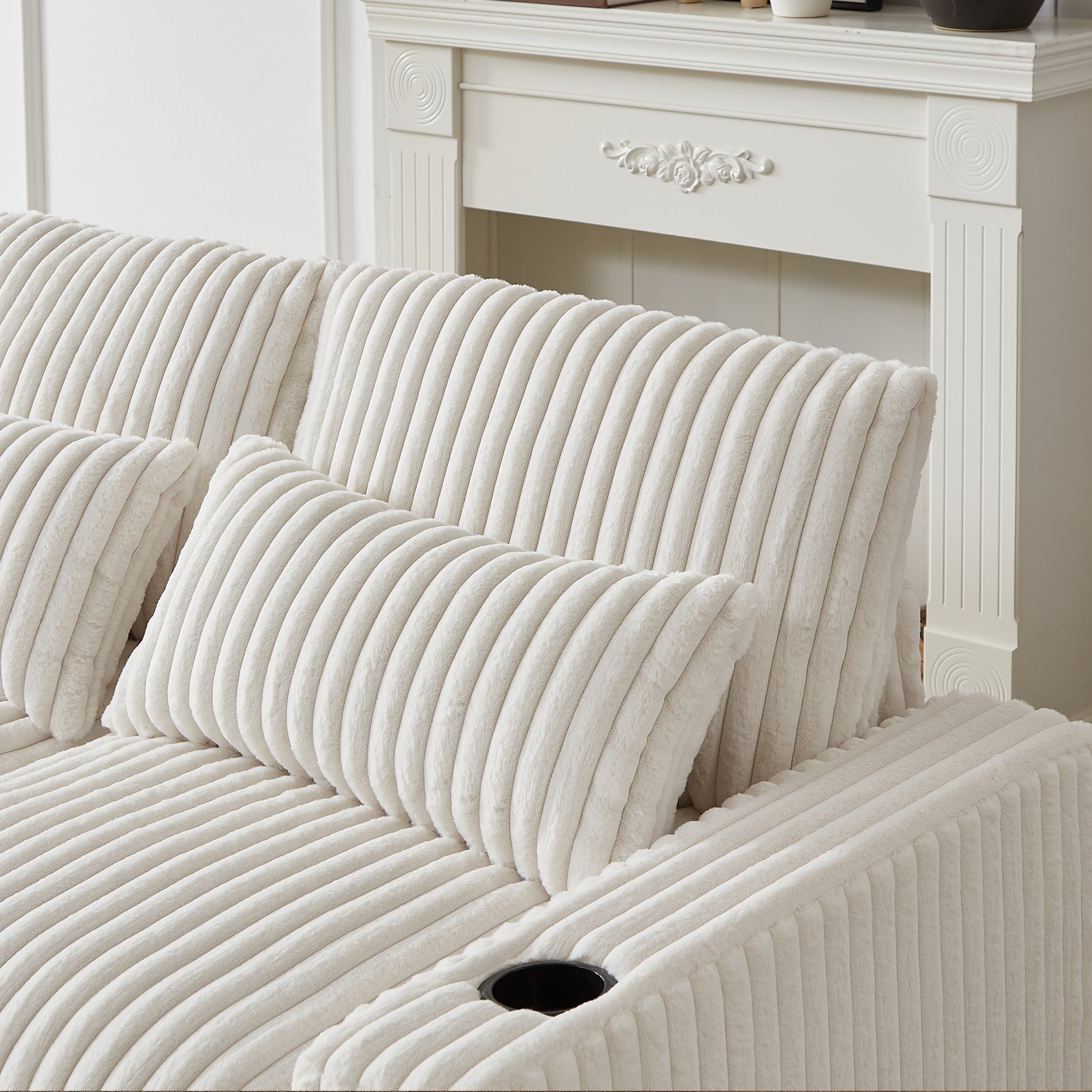 128 Inch Corduroy With Cup Holder Super Large L Shaped Sofa, Movable Footrest, Four Waist Pillows And Four Back Cushion, With Usb Port And T Pyce Port Beige Corduroy 3 Seat