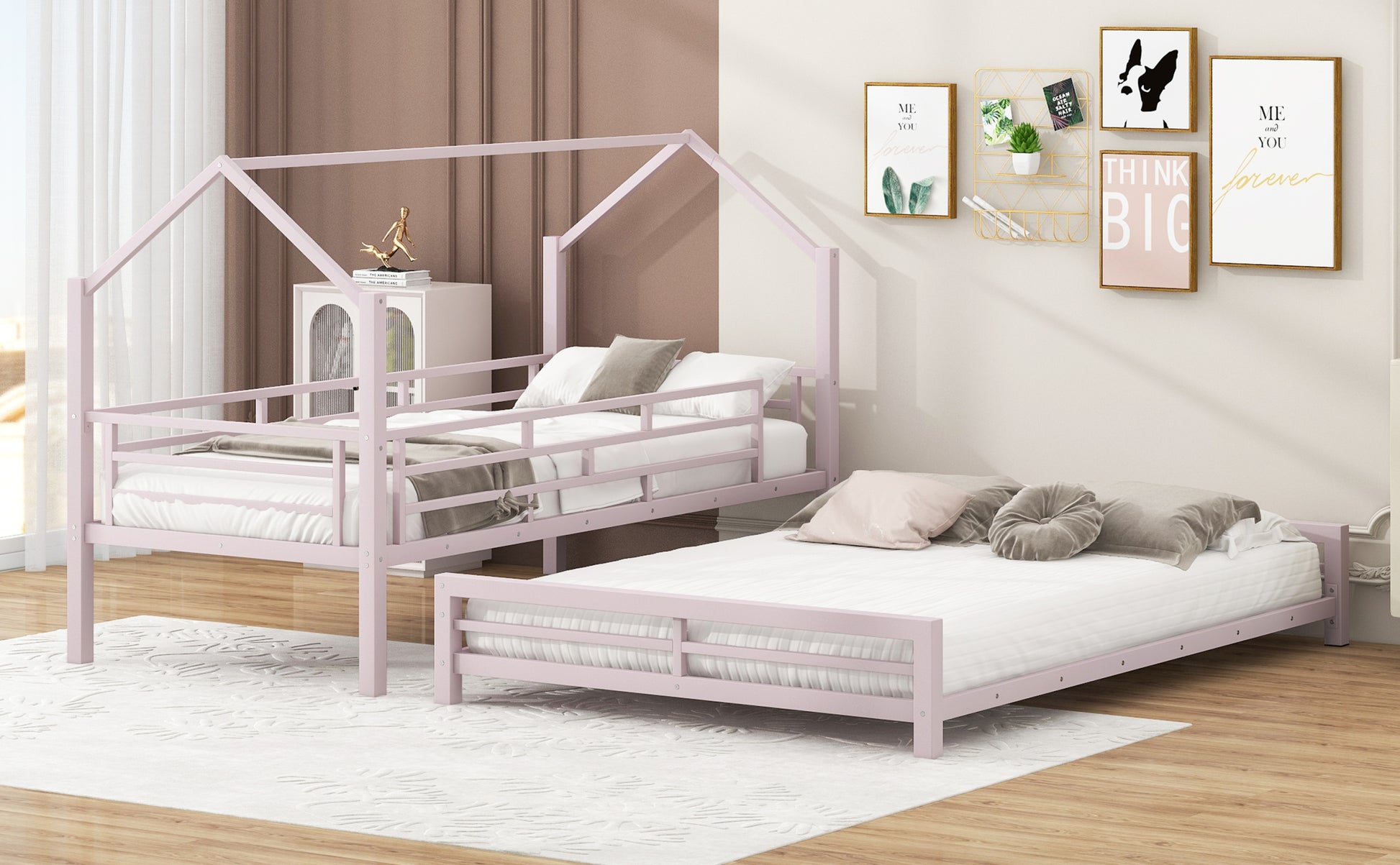 Metal House Bunk Bed, Twin Over Full, Pink Full Pink Metal