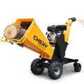 6'' Inch 420Cc 15Hp Pull Start Gas Powered 4 Wheels Wood Chipper Shredder Mulcher With Towbar Stop Bar Yellow Steel Steel