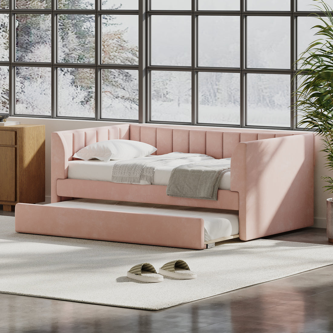 Twin Size Upholstered Velvet Daybed With Trundle, Pink Box Spring Not Required Twin Pink Wood Bedroom Bed Frame Velvet Upholstered