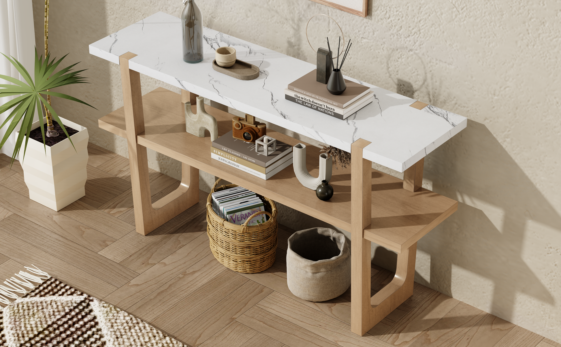 Retro Elegant Console Table With Marble Effect Top And Versatile Storage Solutions For Entryway And Living Room Natural Natural Solid Wood Mdf
