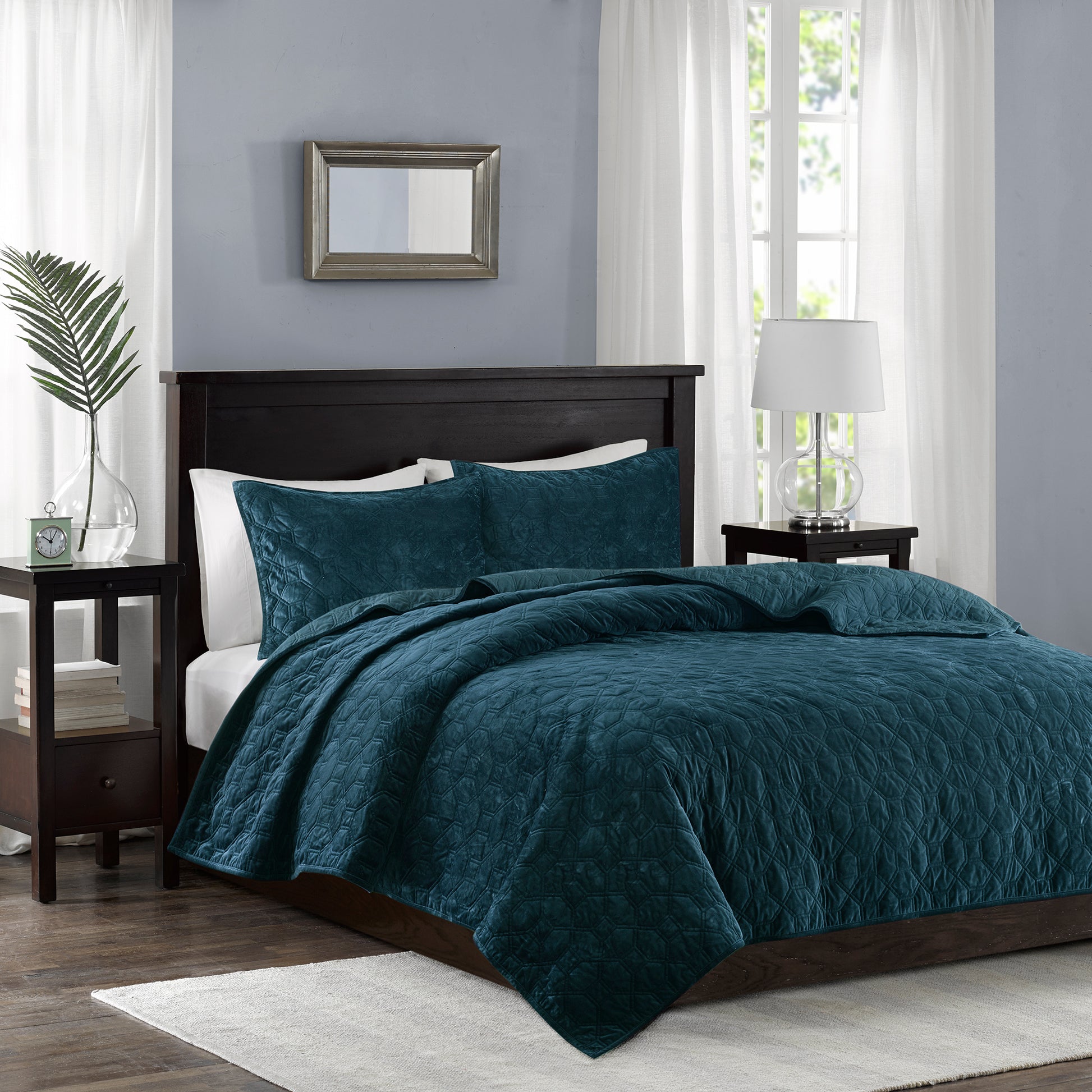 3 Piece Velvet Quilt Set Teal Full Queen Full Teal Cotton