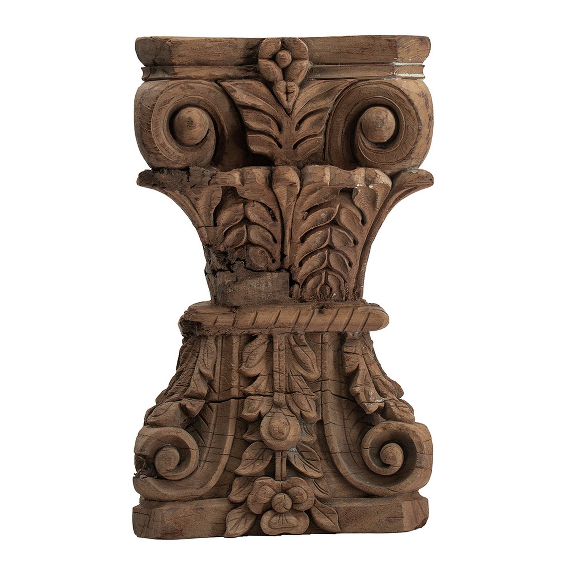 19 Inch Classic Stool Table, Carved Pillar Accent, Wood, Antique Brown Antique Brown Wood