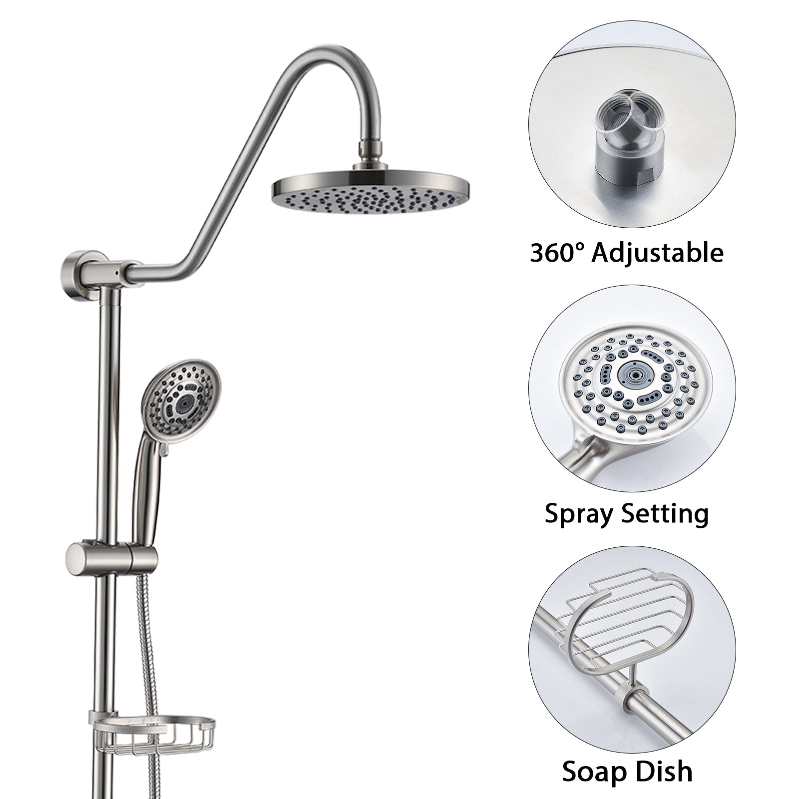 Brushed Nickel 7.8" Rain Shower And Handheld Shower System With Slide Bar And Tub Spout, 2 In 1 Tub Set Brushed Nickel Stainless Steel