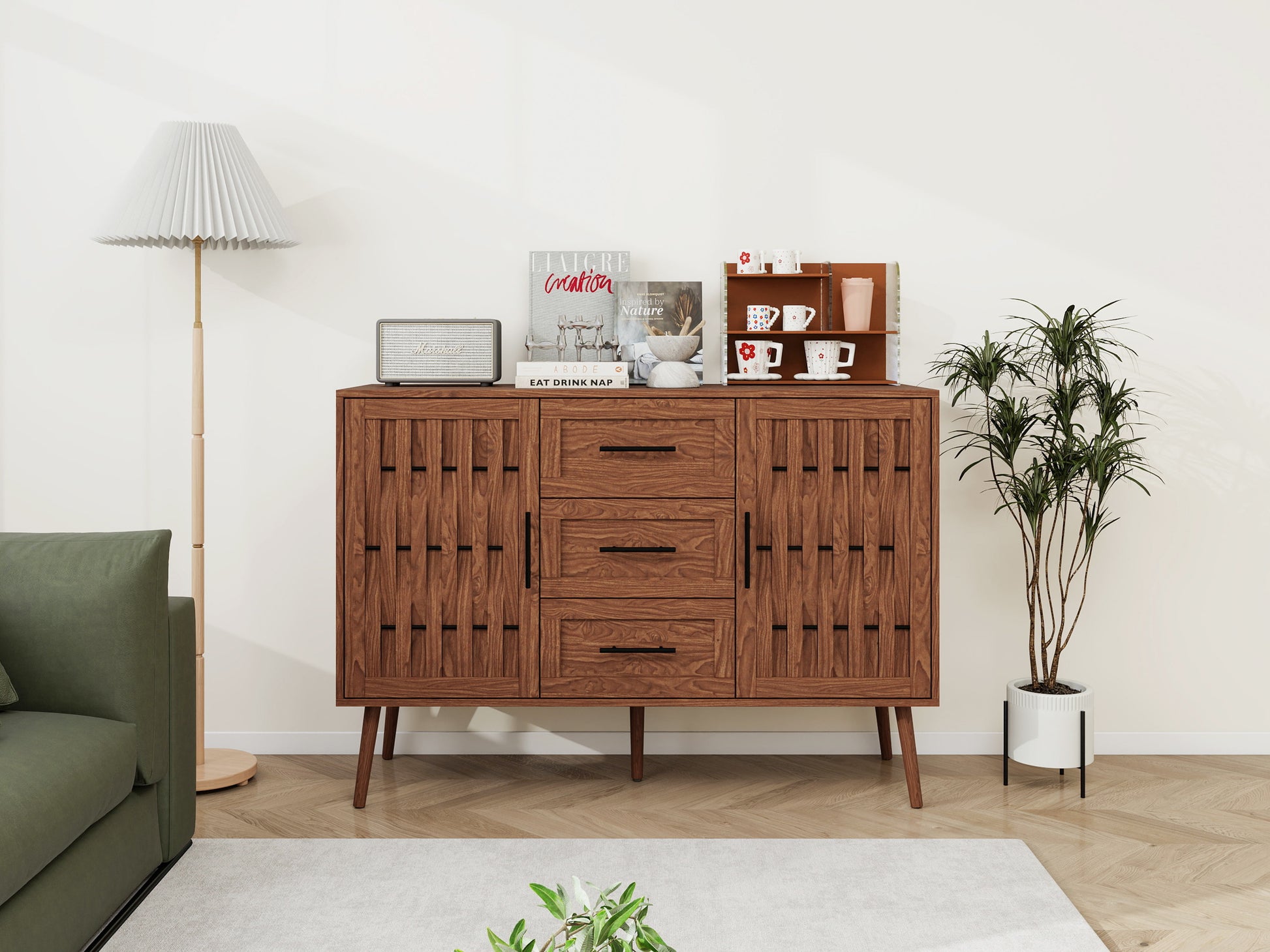 2 Door 3 Drawer Cabinet, Accent Storage Cabinet, Suitable For Living Room, Bedroom, Dining Room, Study Walnut Mdf