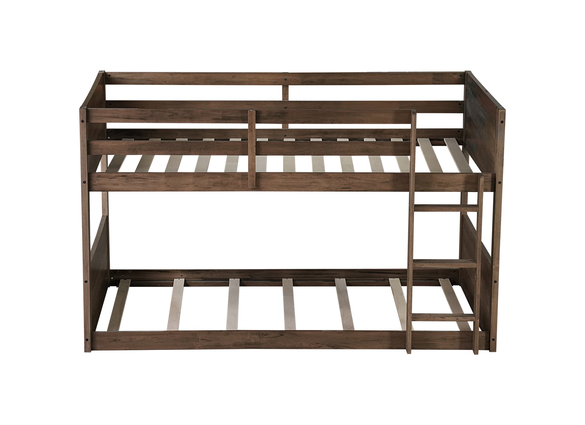 Twin Over Twin Floor Bunk Bed With Panelled Headboard And Footboard, Solid Rubber Wood Foundation With Safety Guardrails, Built In Ladder,Antique Oak Twin Antique Dark Oak Rubber Wood
