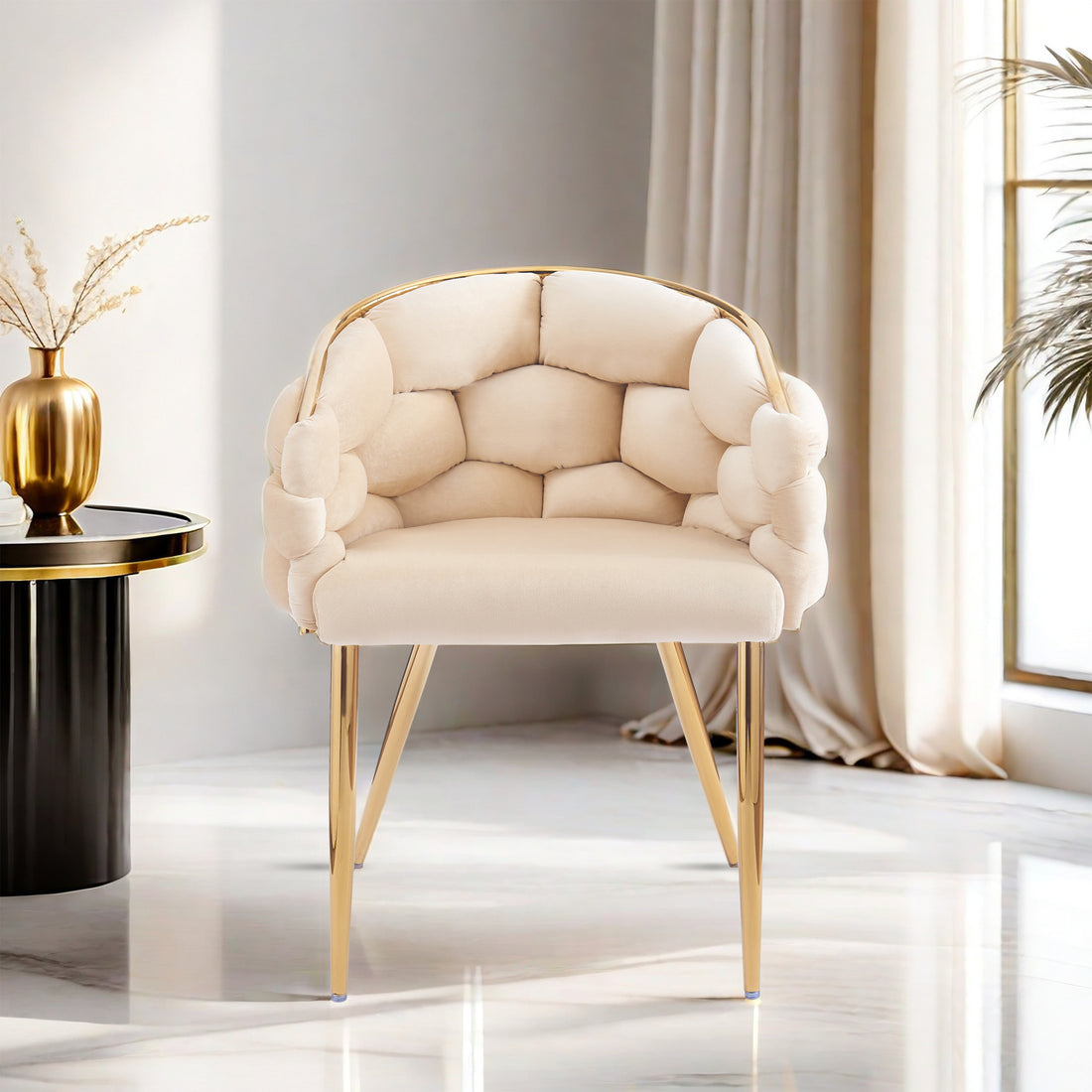 Luxury Handmade Accent Chair With Gold Legs, Modern Velvet Armchair For Living Room And Bedroom Beige Foam Velvet