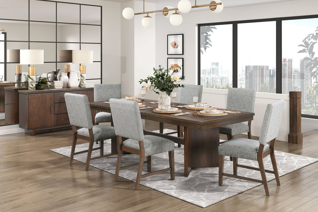 Walnut Finish Modern Dining Set 7Pc Table With Self Storing Extension Leaf And 6 Chairs Upholstered Wooden Furniture Wood Wood Walnut Seats 6 Wood Dining Room Self Storing Leaf Extendable Trestle