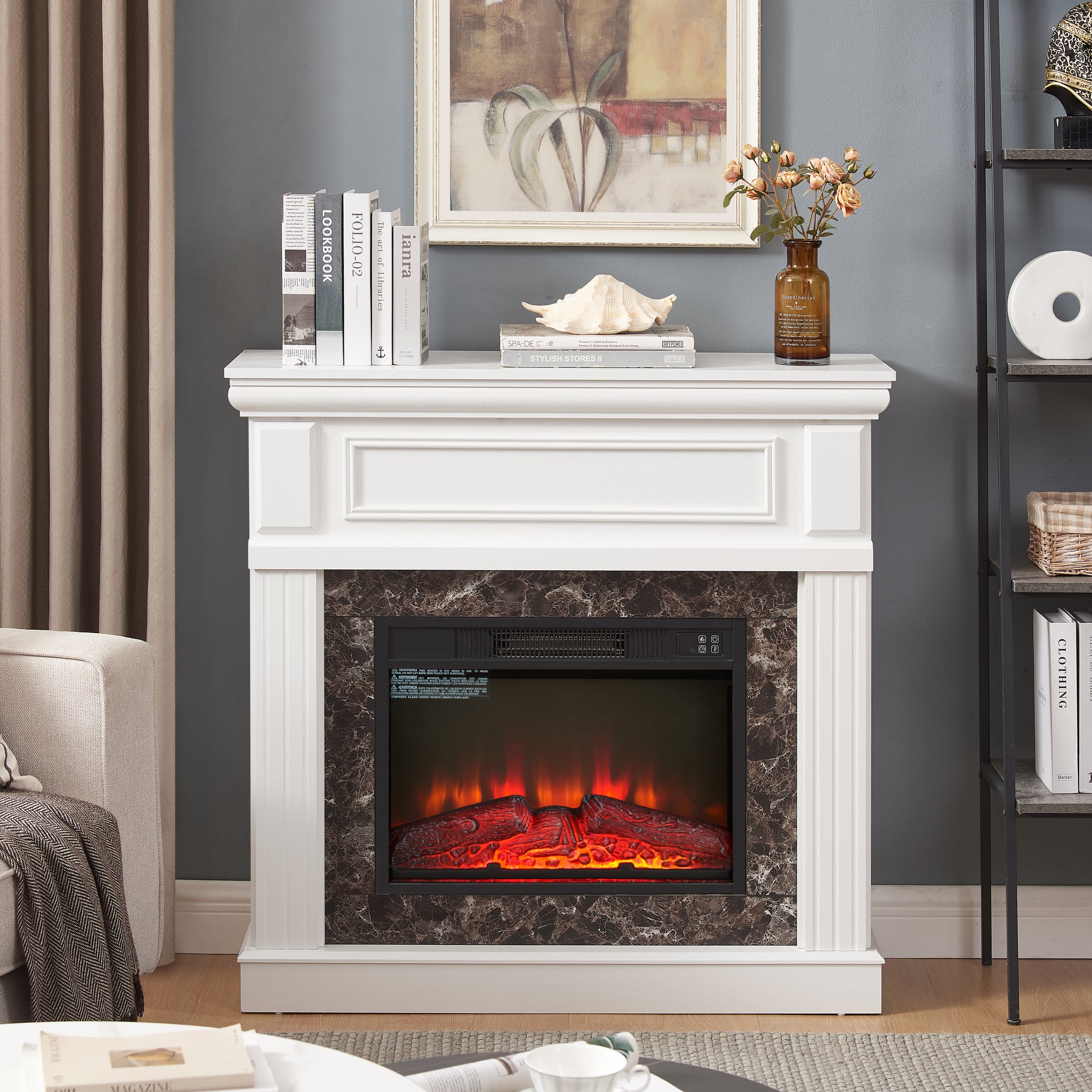 Electric Fireplace With Mantel,Fireplace Mantel Surround With 23" Fireplace Insert, Adjustable Flame, Remote Control White,41.34"W*14"D*40"H White Mdf