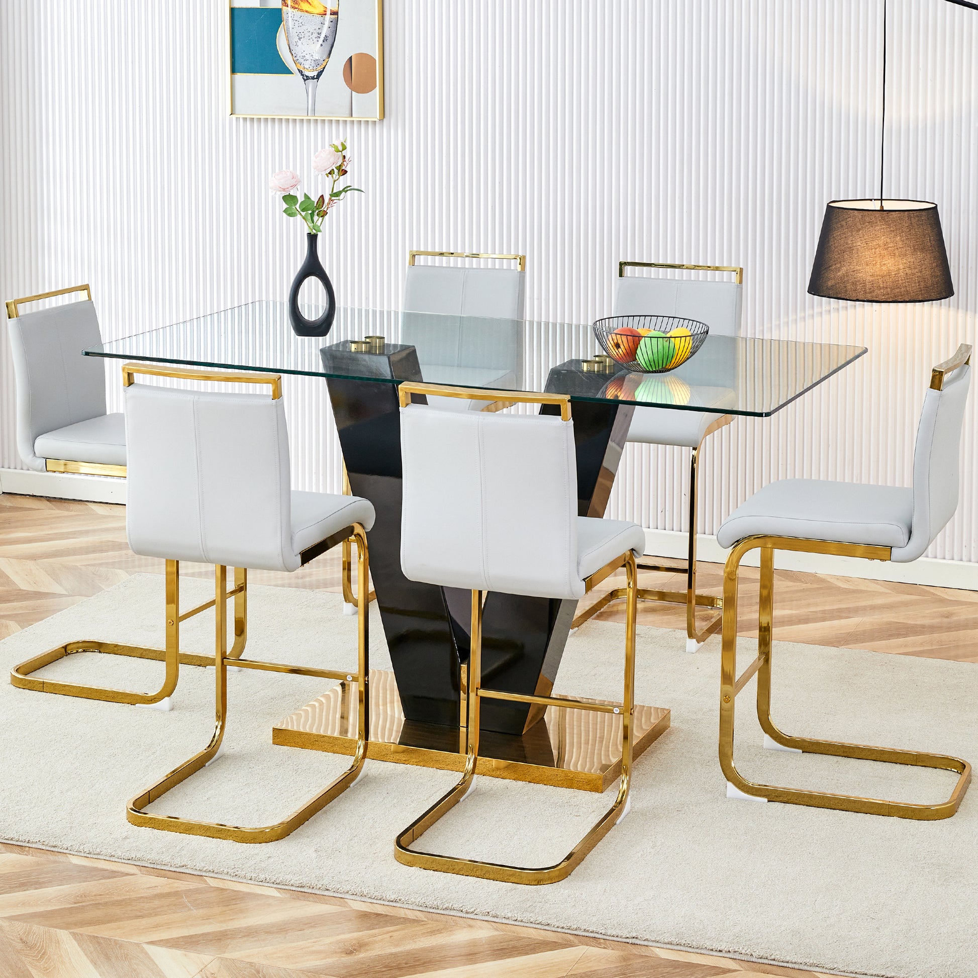 Table And Chair Set,Clear Tempered Glass And Black Legs Of The Table, Pu And Gold Legs Of The Chair Black Grey Seats 6 Tempered Glass