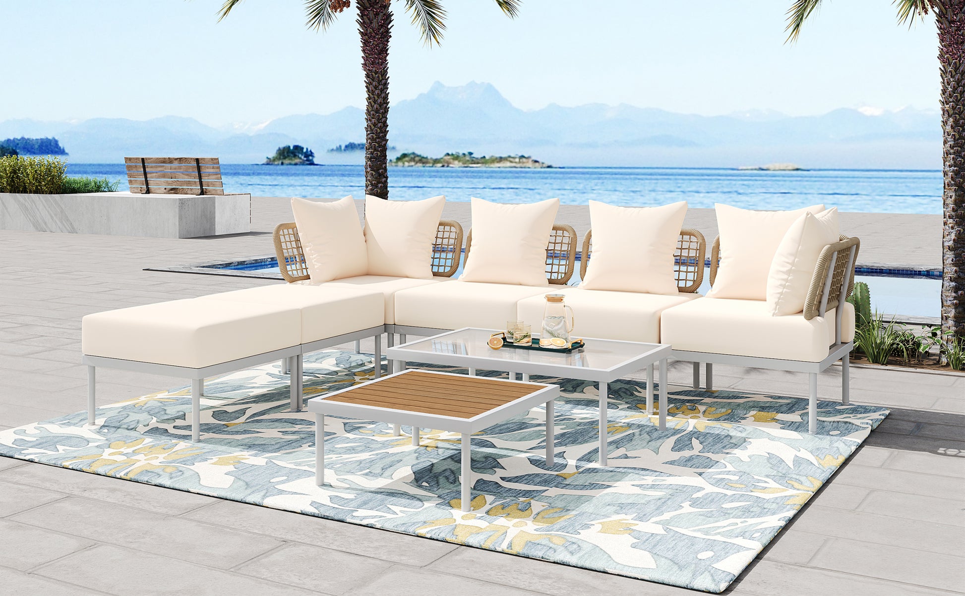 8 Piece Patio Sectional Sofa Set With Tempered Glass Coffee Table And Wooden Coffee Table For Outdoor Oasis, Garden, Patio And Poolside Beige Cushion White Steel Beige Iron