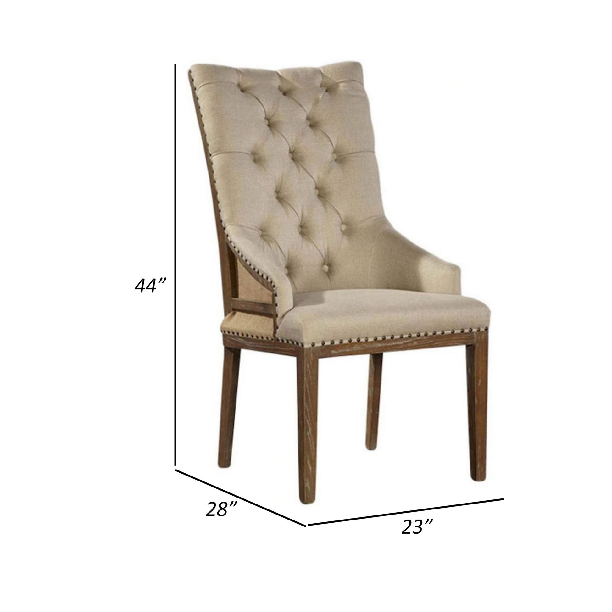 28 Inch Dining Chair, Button Tufted Backrest, Trim, Beige Linen Beige Brown Wood Fabric