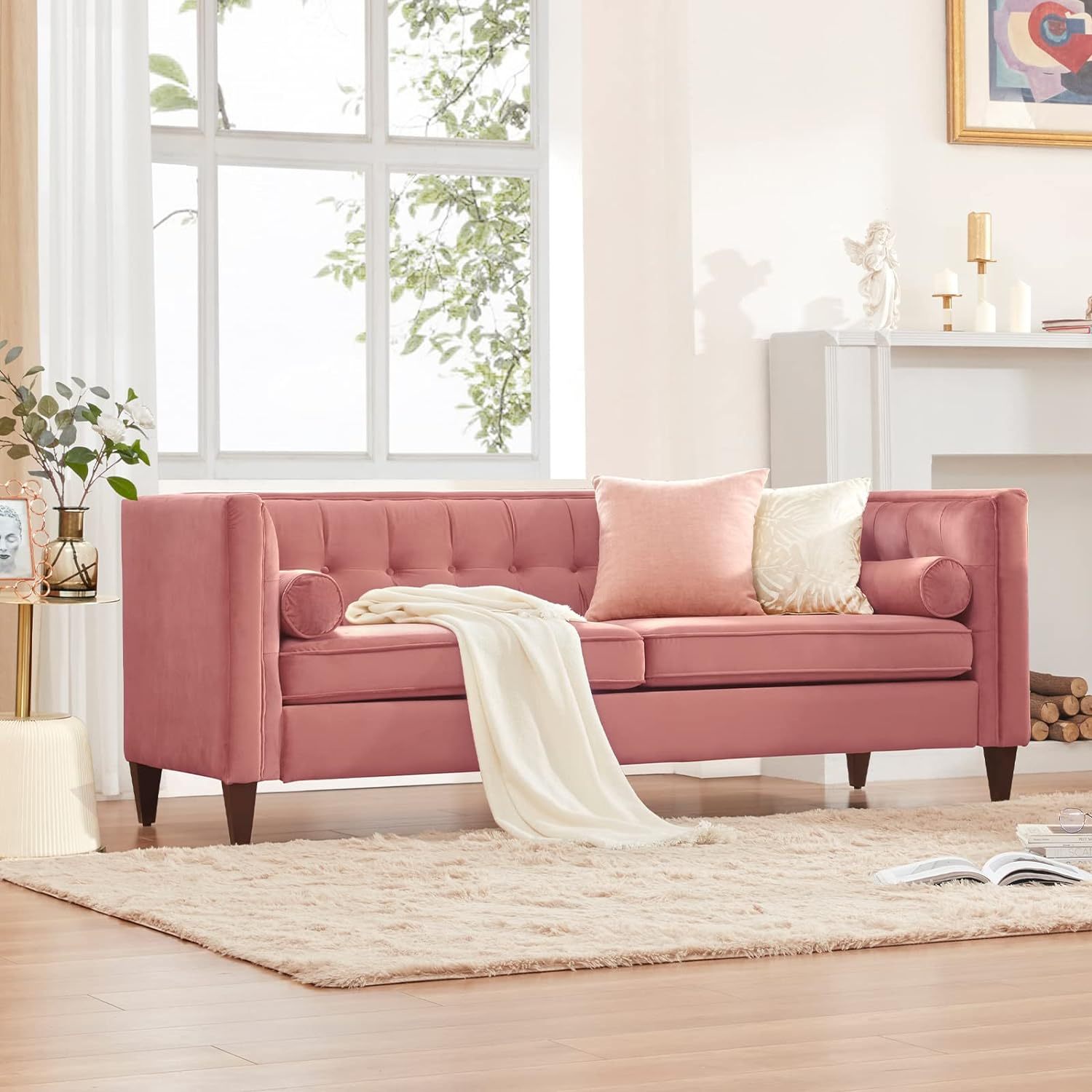 Dreamsir 78'' W Velvet Sofa, Mid Century Beautiful Seats Sofa Furniture With Bolster Pillows, Button Tufted Couch For Living Room, Tool Free Assembly Sofa, Pink Light Brown Wood Primary Living Space Heavy Duty Acacia 3 Seat Pink Velvet Soft Cushion Back