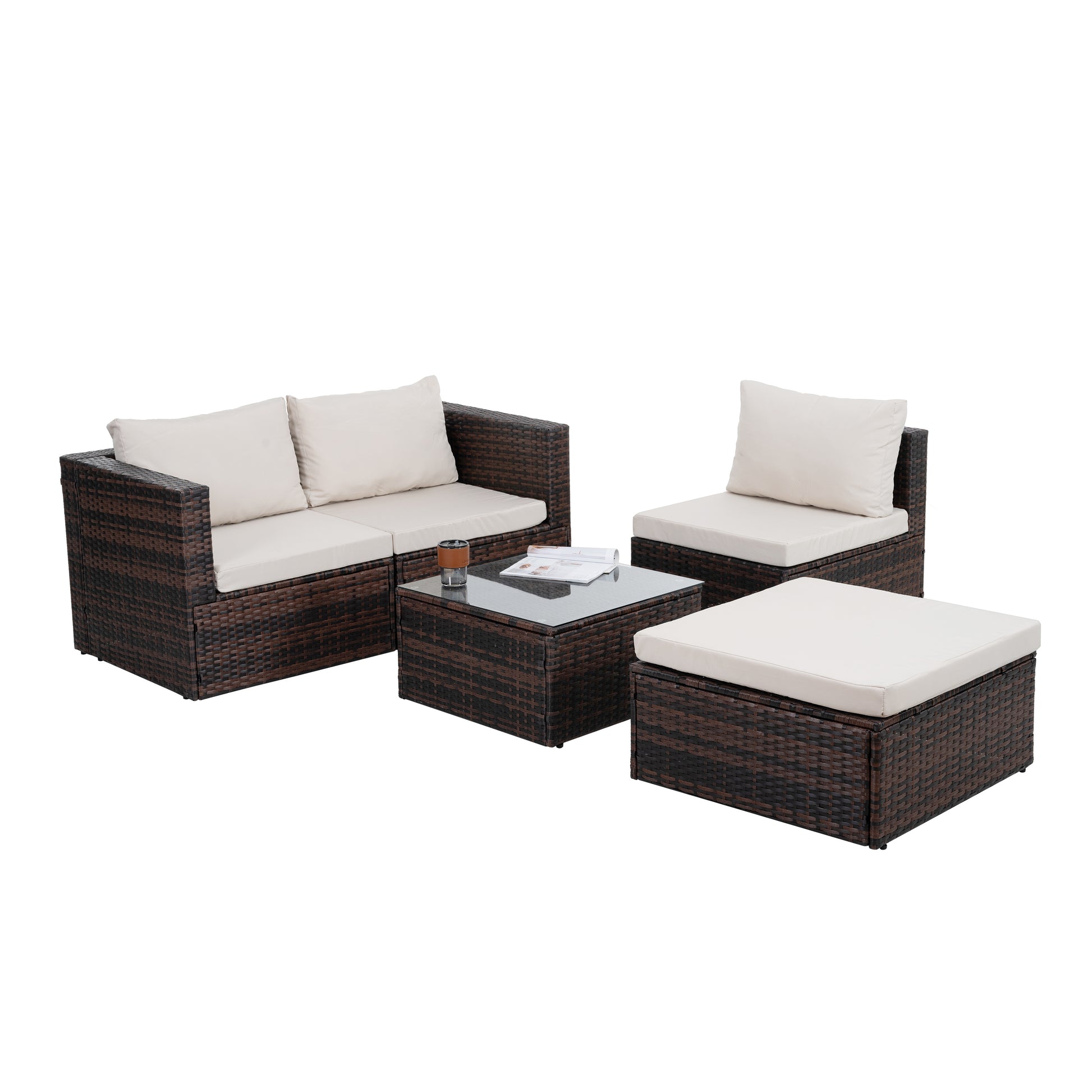 Patio Furniture, Outdoor Furniture, Seasonal Pe Wicker Furniture, 5 Set Wicker Furniture With Tempered Glass Coffee Table Brown Seats 4 Pe Rattan Iron Waterproof Fabric