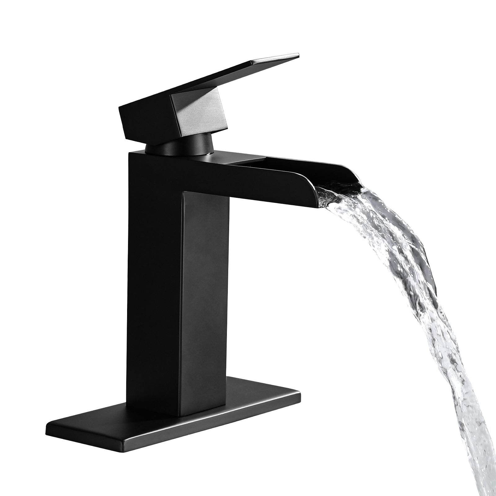 Waterfall Bathroom Faucet Black Single Handle Bathroom Sink Faucets 1 Or 3 Hole Solid Vanity Faucet With Deck Plate & Overflow Pop Up Drain Matte Black One Matte Black Deck Mounted Bathroom Matte Black Stainless Steel