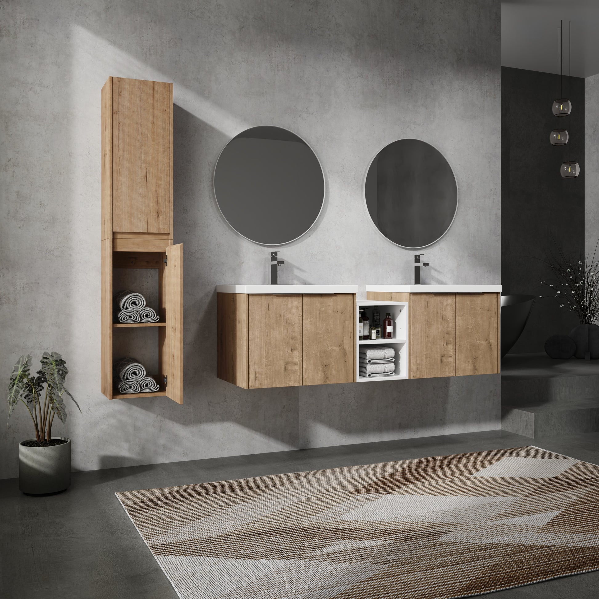 60" Wall Mounted Bathroom Vanity With Sink And Side Cabinet, Soft Close Doors,00112Imox2 0624Imox2 0612Gwh Combination Cabinet Kd Packing Imitative Oak Bathroom Modern Plywood Plywood