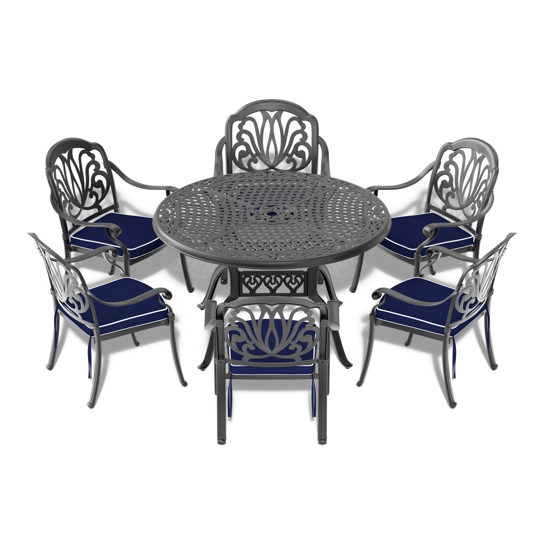 Cushions In Random Colors 7 Piece Set Of Cast Aluminum Patio Furniture With Cushions Yes Dining Set Black Seats 6 Rust Resistant Frame Water Resistant Cushion Garden & Outdoor Complete Patio Sets Aluminium