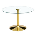 A 47 Inch Diameter Glass Top And A Modern, Minimalist Round Dining Table With Gold Metal Legs. Ideal For Dining Rooms, Living Rooms And Meeting Rooms. Model: Dt 1166 Gold Glass Metal