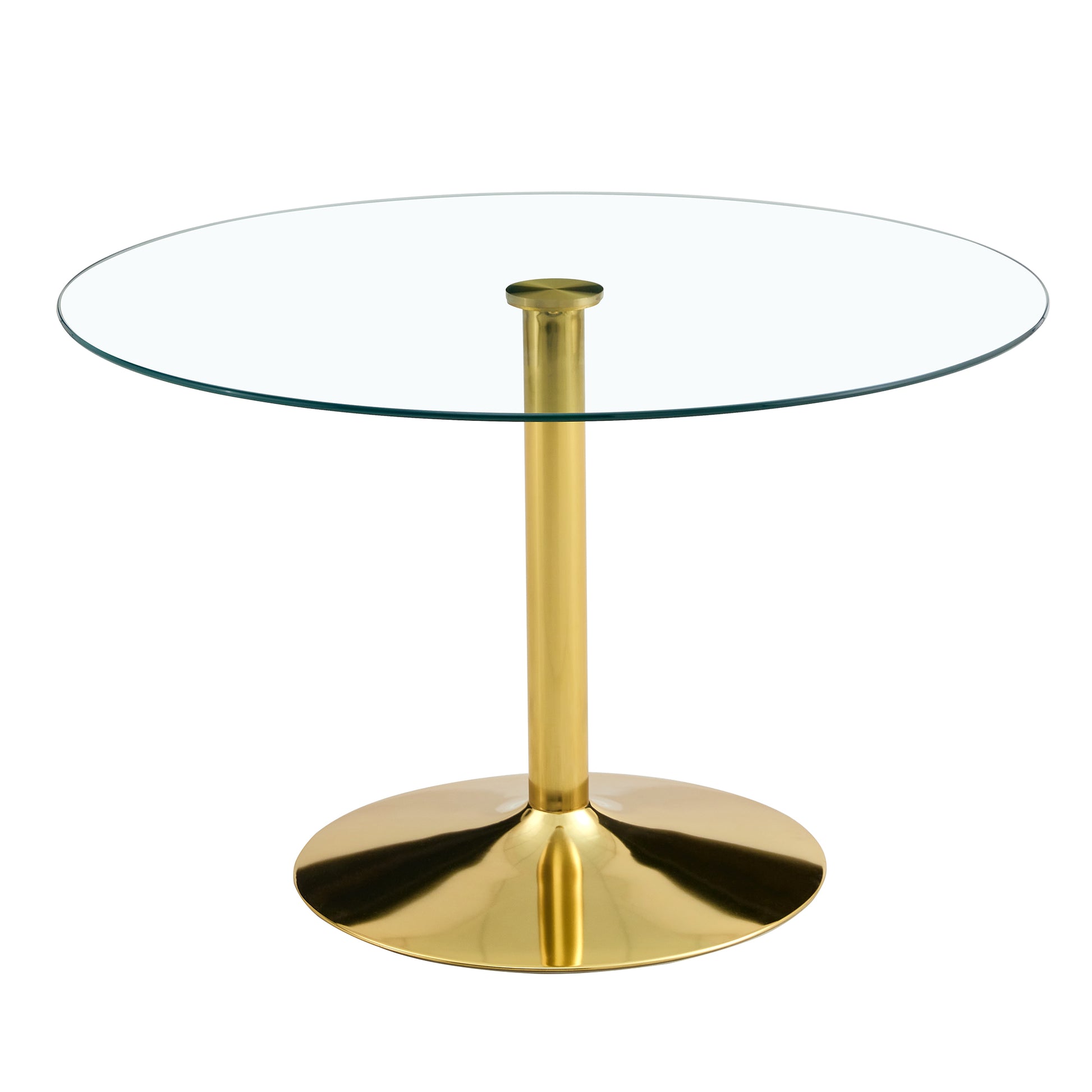 A 47 Inch Diameter Glass Top And A Modern, Minimalist Round Dining Table With Gold Metal Legs. Ideal For Dining Rooms, Living Rooms And Meeting Rooms. Model: Dt 1166 Gold Glass Metal