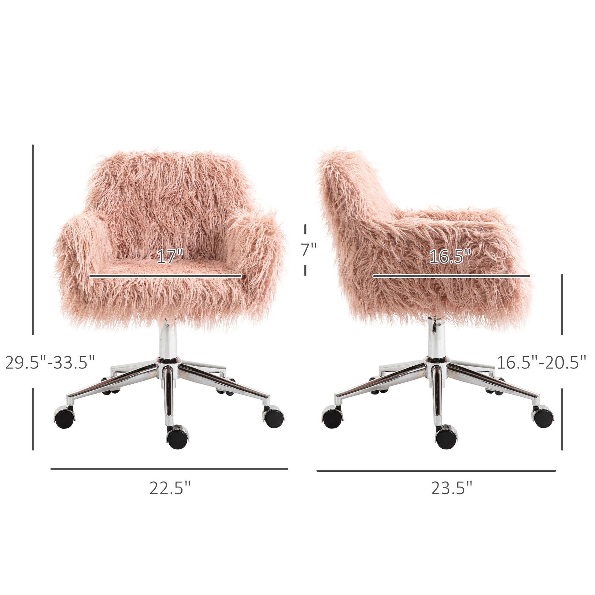 Vinsetto Faux Fur Desk Chair, Swivel Vanity Chair With Adjustable Height And Wheels For Office, Bedroom, Pink Pink Metal