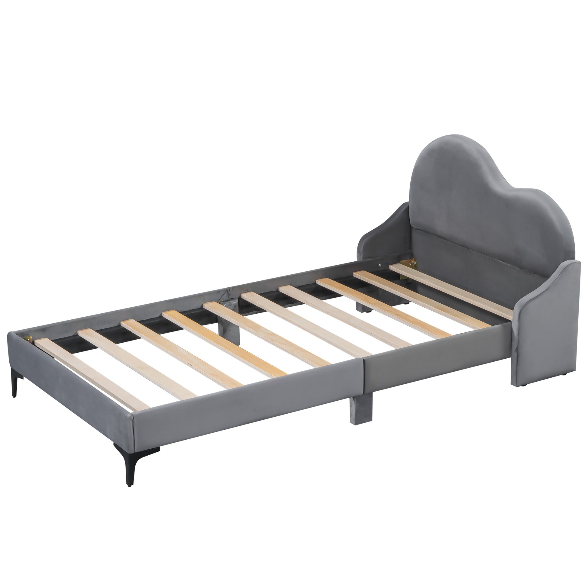 Twin Size Upholstered Platform Bed With Cloud Shaped Headboard, Gray Box Spring Not Required Twin Gray Bedroom Polyester Upholstered