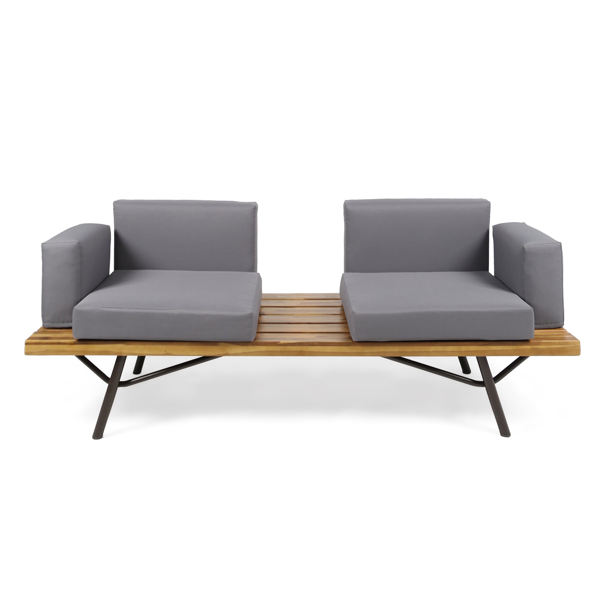 Canoga Outdoor Industrial Loveseat With Coffee Table Natural Grey Fabric