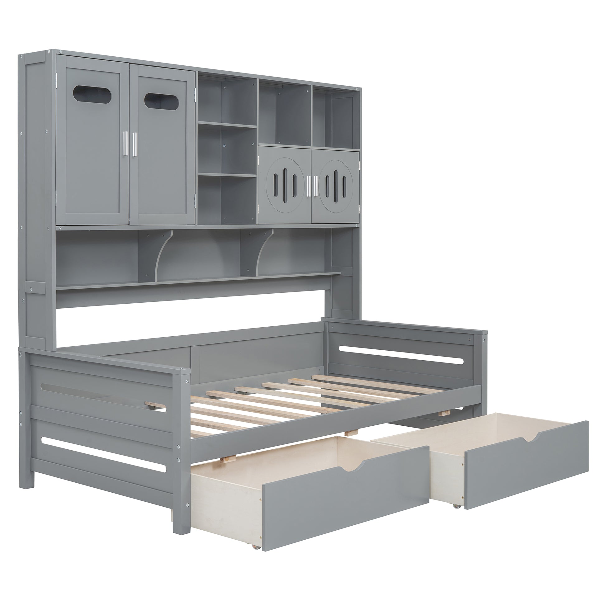 Twin Size Wooden Daybed With 2 Drawers, And All In One Cabinet And Shelf, Gray Twin Gray Wood