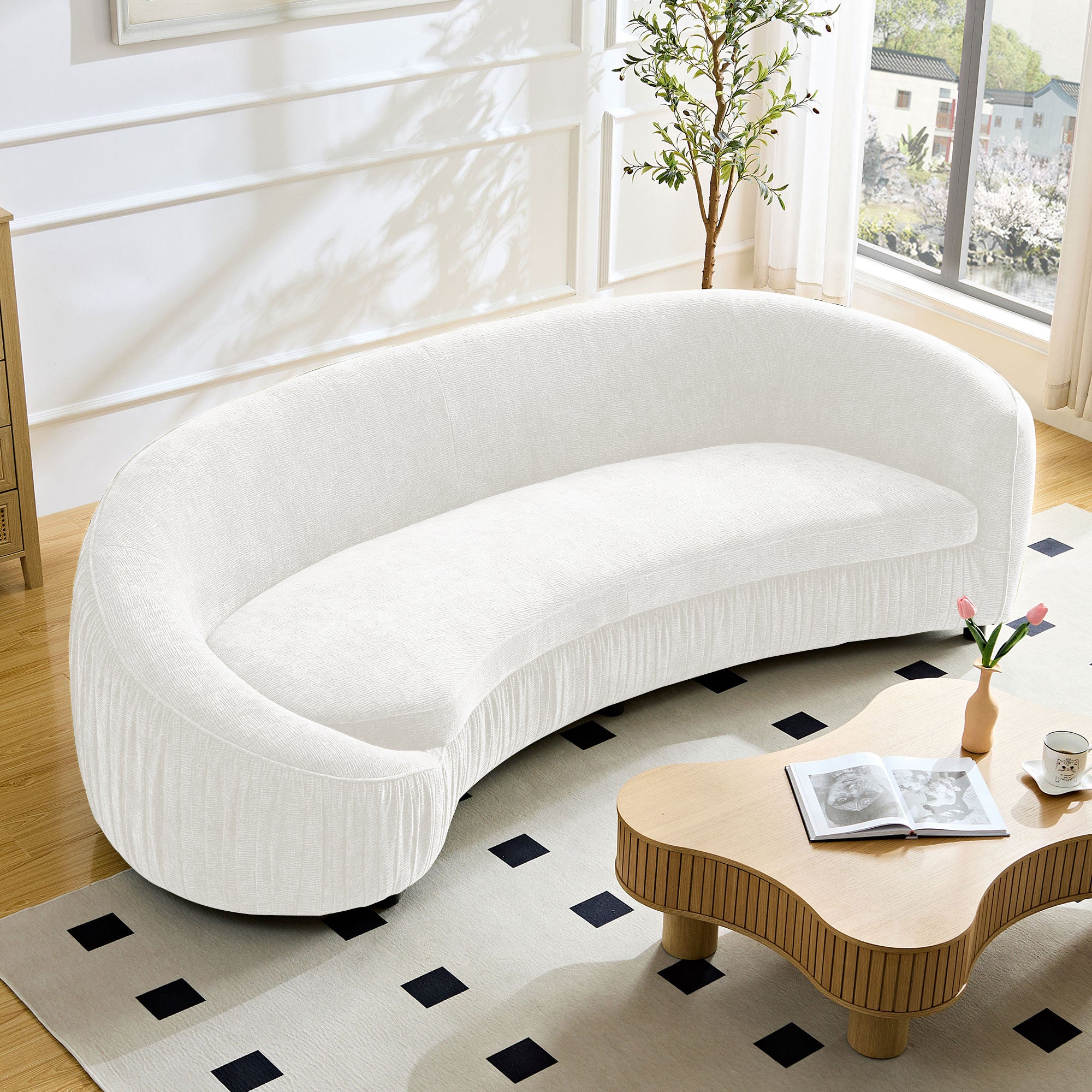 Modern Design Curved Shaped Sofa Couch For Living Room,Upholstered Fabric 4 Seat Sofa No Need To Assembly Couch For Apartment,Beige Beige Foam 4 Seat