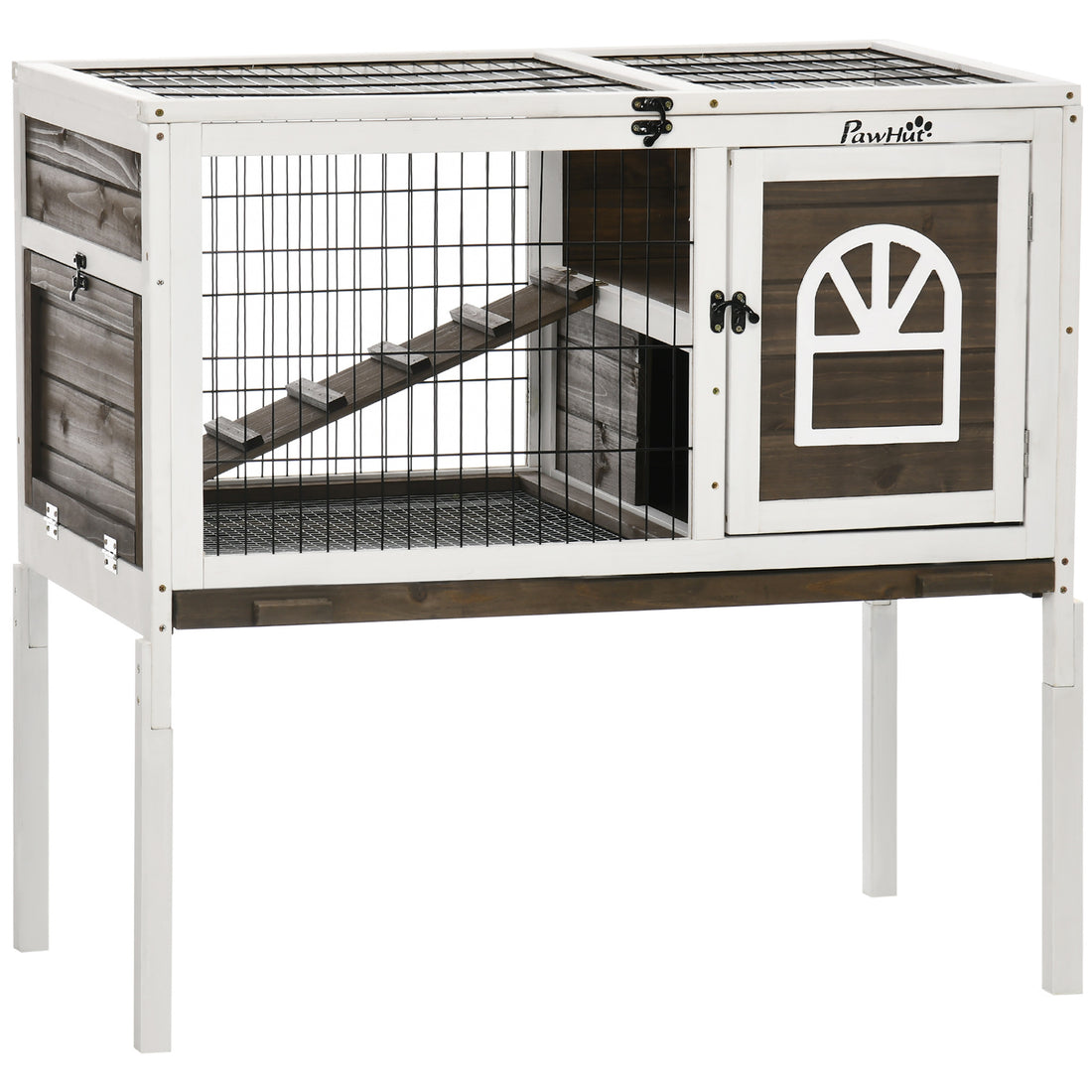 Pawhut Wooden Rabbit Hutch, Indoor Elevated Guinea Pig Cage With Run, Ladder, Lockable Doors And Removable Tray, Coffee Brown Wood