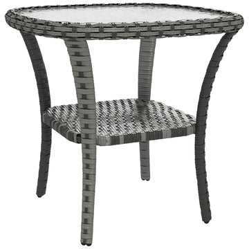 Outsunny Rattan Coffee Table With Storage Shelf, Wicker Side Table With Glass Top, Outdoor End Table For Garden, Porch, Backyard, Mix Gray Multicolor Steel