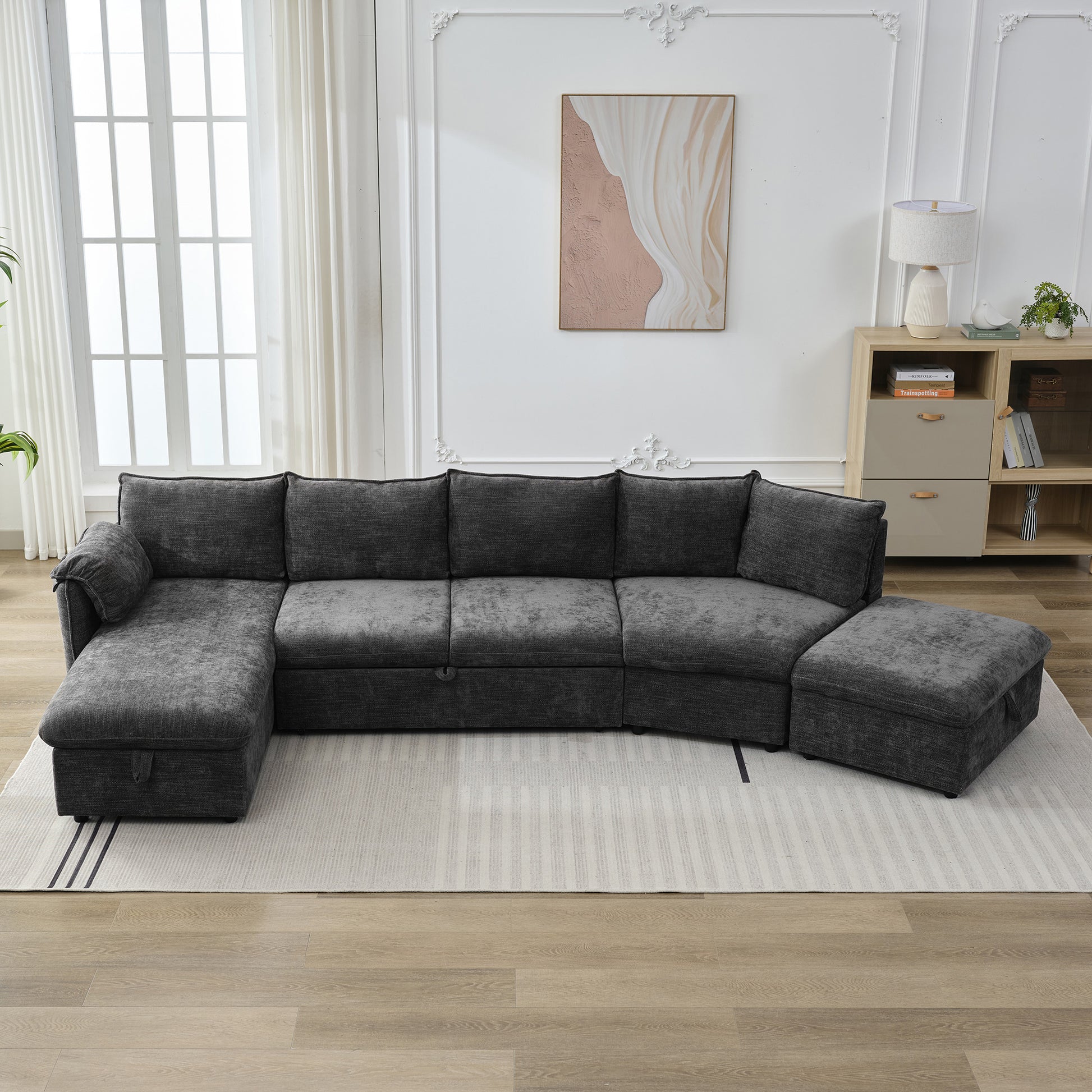 146.9" L Shaped Sofa Sectional Sofa Couch Pull Out Sofa Bed With A Movable Storage Ottoman, A Storage Chaise Lounge And Two Usb Ports For Living Room, Grey Grey Foam Linen 5 Seat