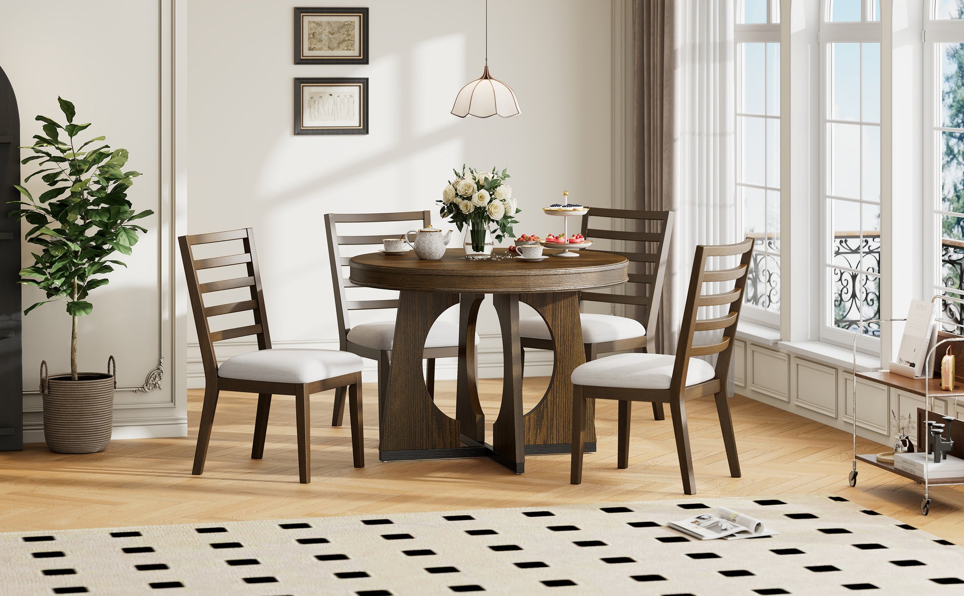 5 Piece Retro Rustic Functional Dining Set Unique Geometric Design, 1 Extendable Table With A 16 Inch Leaf And 4 Upholstered Chairs Ideal For Dining Room And Kitchen Walnut Walnut Solid Wood Mdf