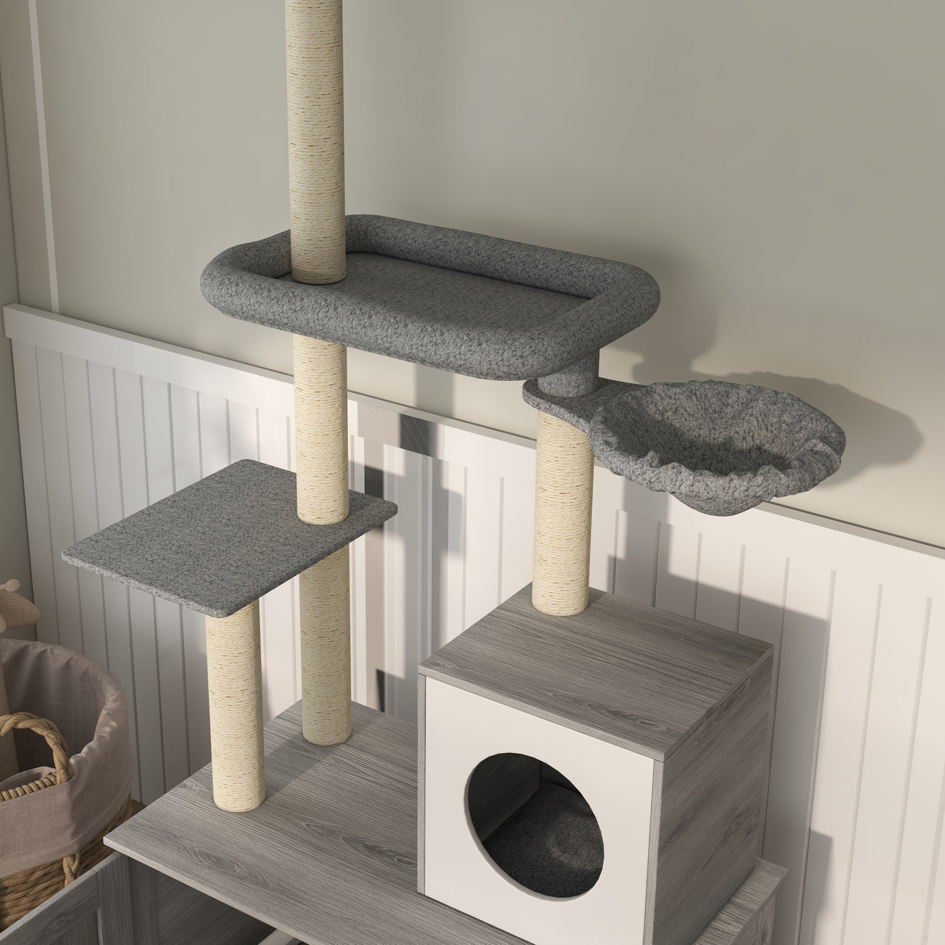 Pawhut Cat Tree With Litter Box Enclosure, 2 In 1 Floor To Ceiling Cat Tower Litter Box Furniture With Condo, Bed, Hammock, Scratching Posts, And Platforms For Indoor Use, Gray Grey Polyester