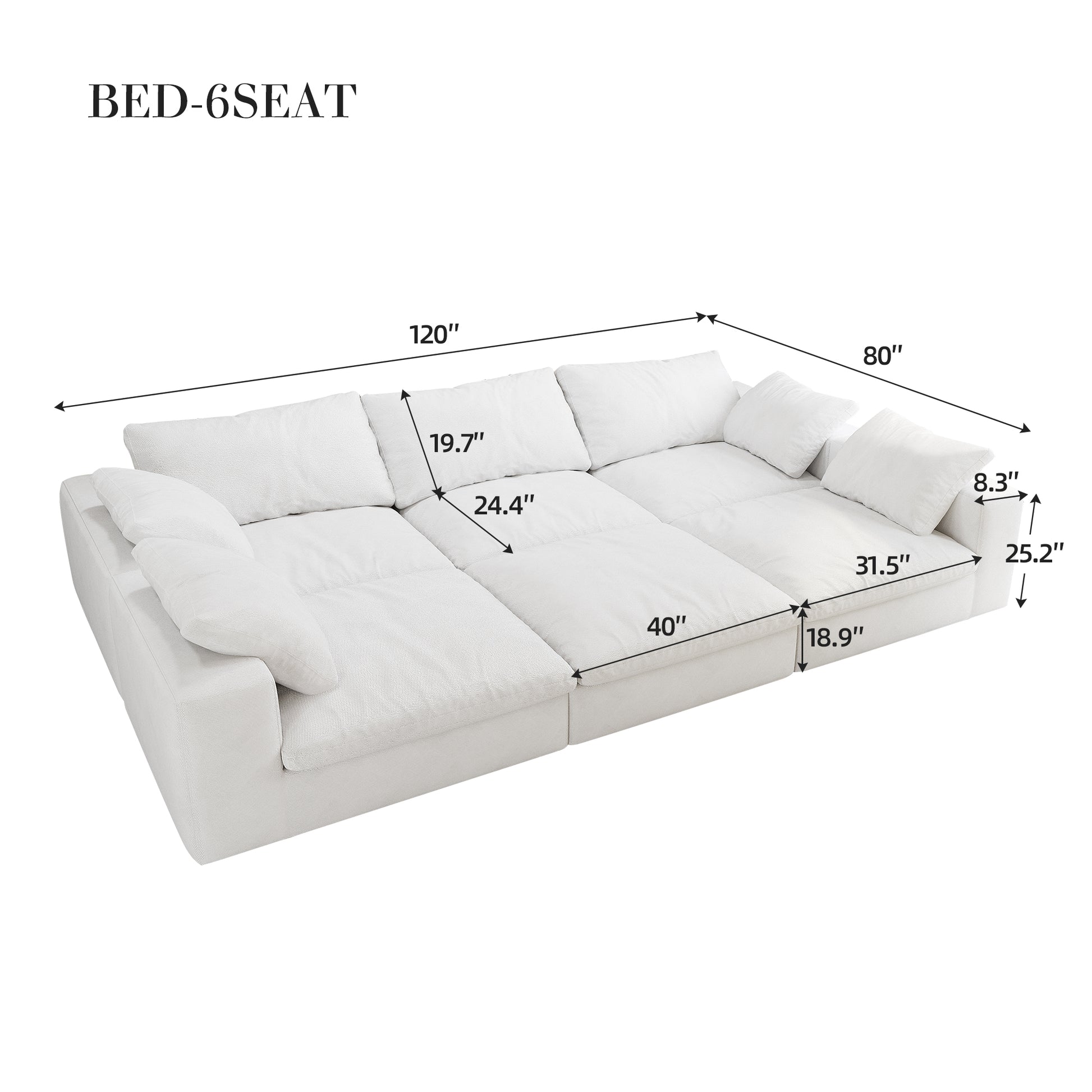 Large Size Modular Cloud Sofa 6 Seats Down Sofa Bed Apartment Living Room Sofa 120'' White Down Filling 6 Seat