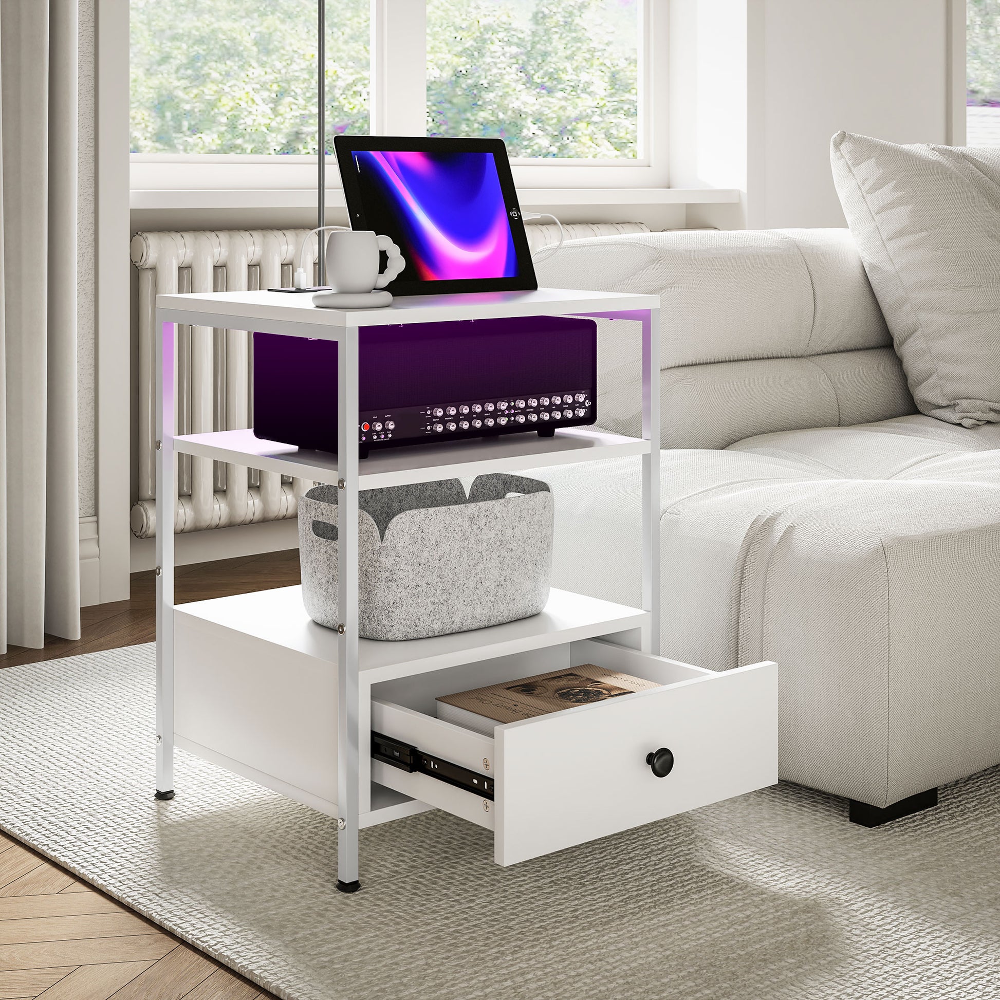 Homcom Set Of 2 End Tables With Charging Stations And Led Lights, 3 Tier Side Tables With Usb Ports And Outlets, Drawer And Shelves For Living Room, White White Particle Board