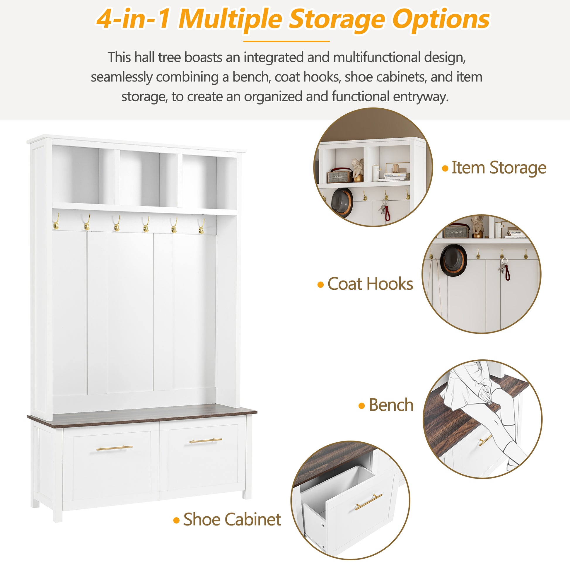 Versatile 4 In 1 Hall Tree With 6 Golden Hooks, Brown Wood Grain Bench With Multiple Storage Space, Entryway Coat Rack With 2 Drawers For Living Room, Hallway, White, 47.2''W*76.6''H White Primary