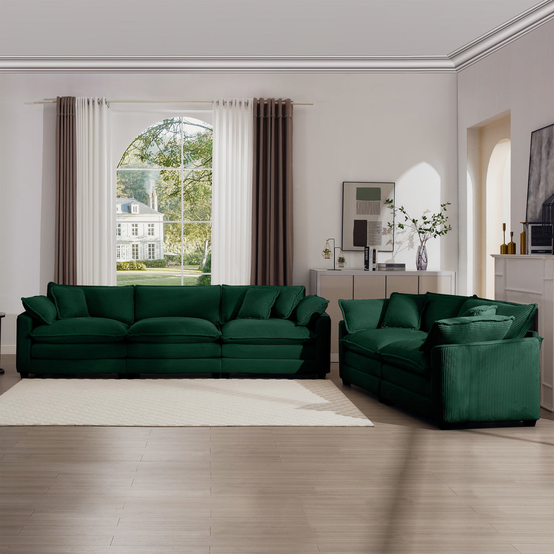 Modern Fabric Living Room Sofa Two Piece Set, Two 2 Seater Sofas With 8 Cushion Upholstery Large Deep Seat Recliner, Green Corduroy Fabric Green Corduroy 5 Seat