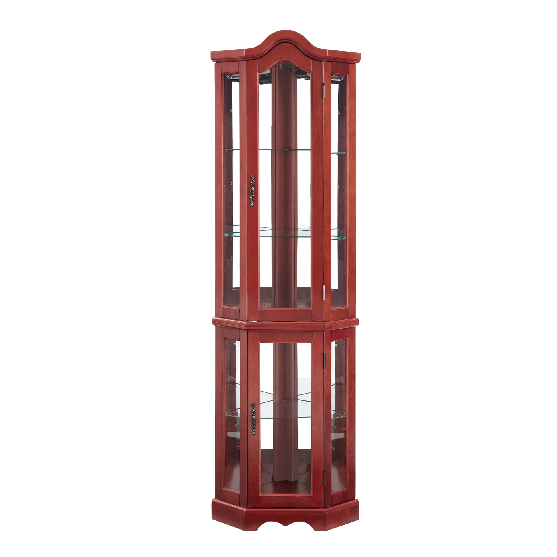 Curio Cabinet Lighted Glass Display Curio Cabinet W Tempered Glass Doors And Shelves, Crown Corner Cabinet With Bulb, Corner Storage Decoration For Living Room And Bedroom Cherry Cherry Mdf