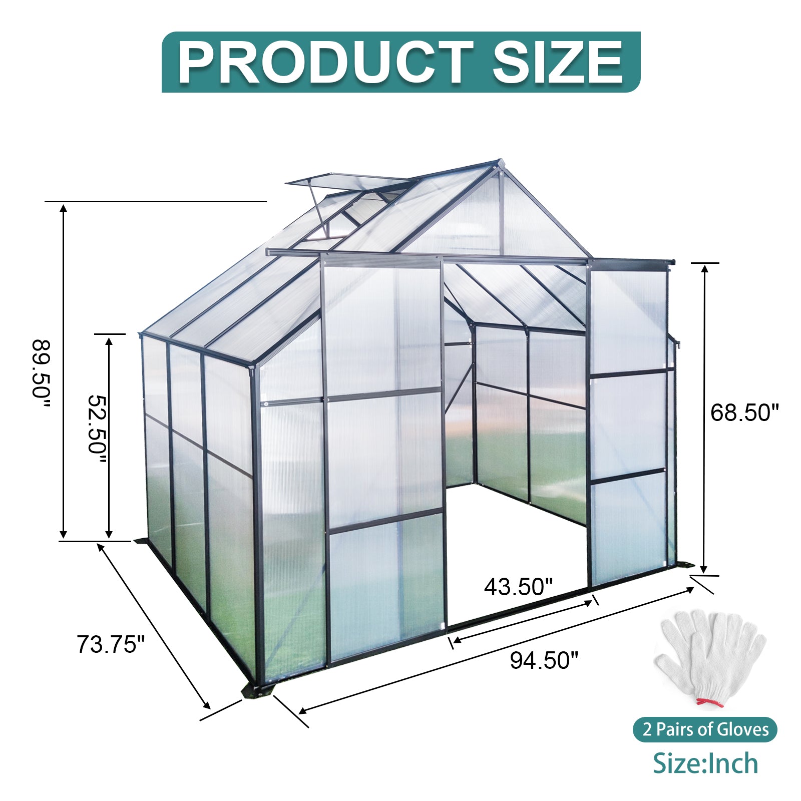 8X6Ft Black Double Door Polycarbonate Greenhouse Raised Base And Ancho