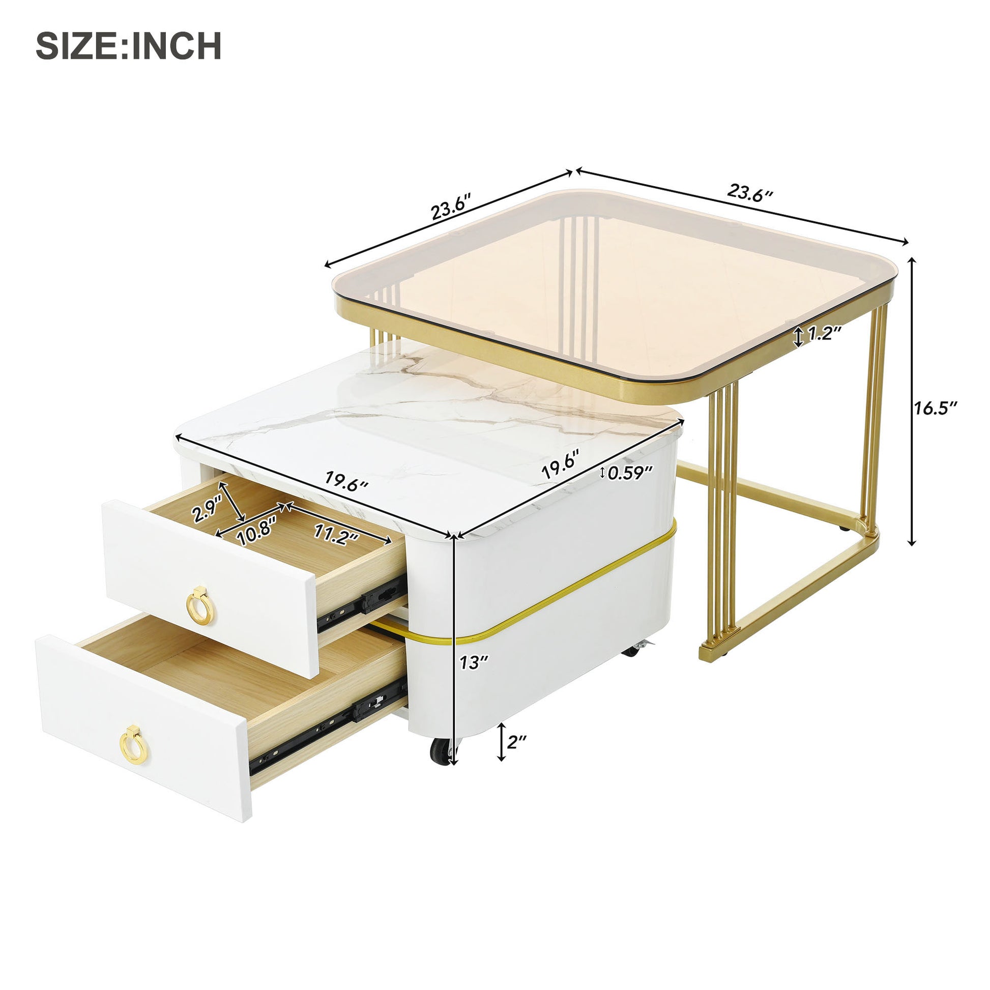 2 In 1 Square Nesting Coffee Table With Wheels & Drawers, Stackable Side Table With High Gloss Marble Grain Top, End Table Set With Brown Tempered Glass For Living Room, White White Gold Primary Living Space Drawers Square Mdf Steel